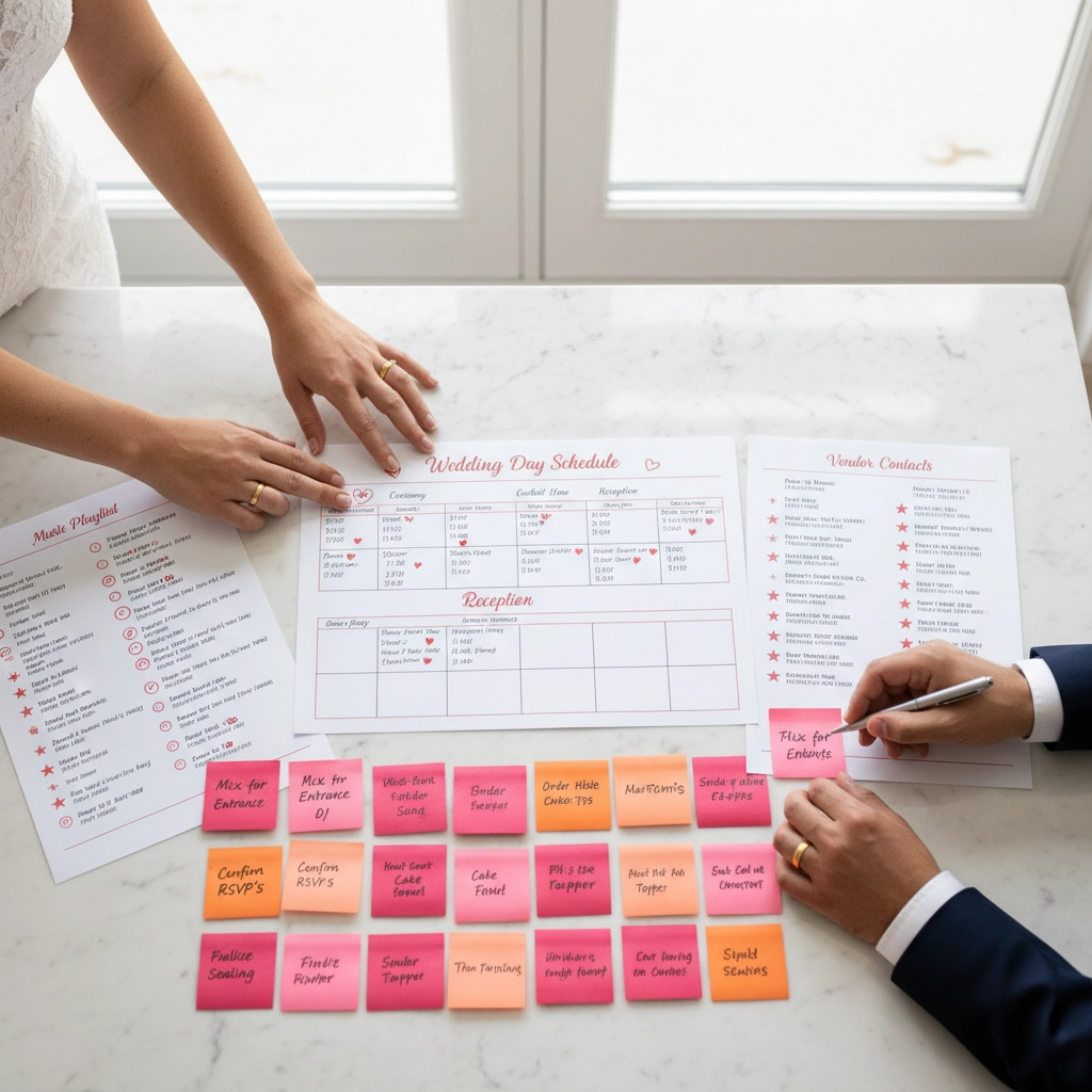 Hands organize wedding plan on marble table with colorful sticky notes and printed schedules. Bright, organized setting.
