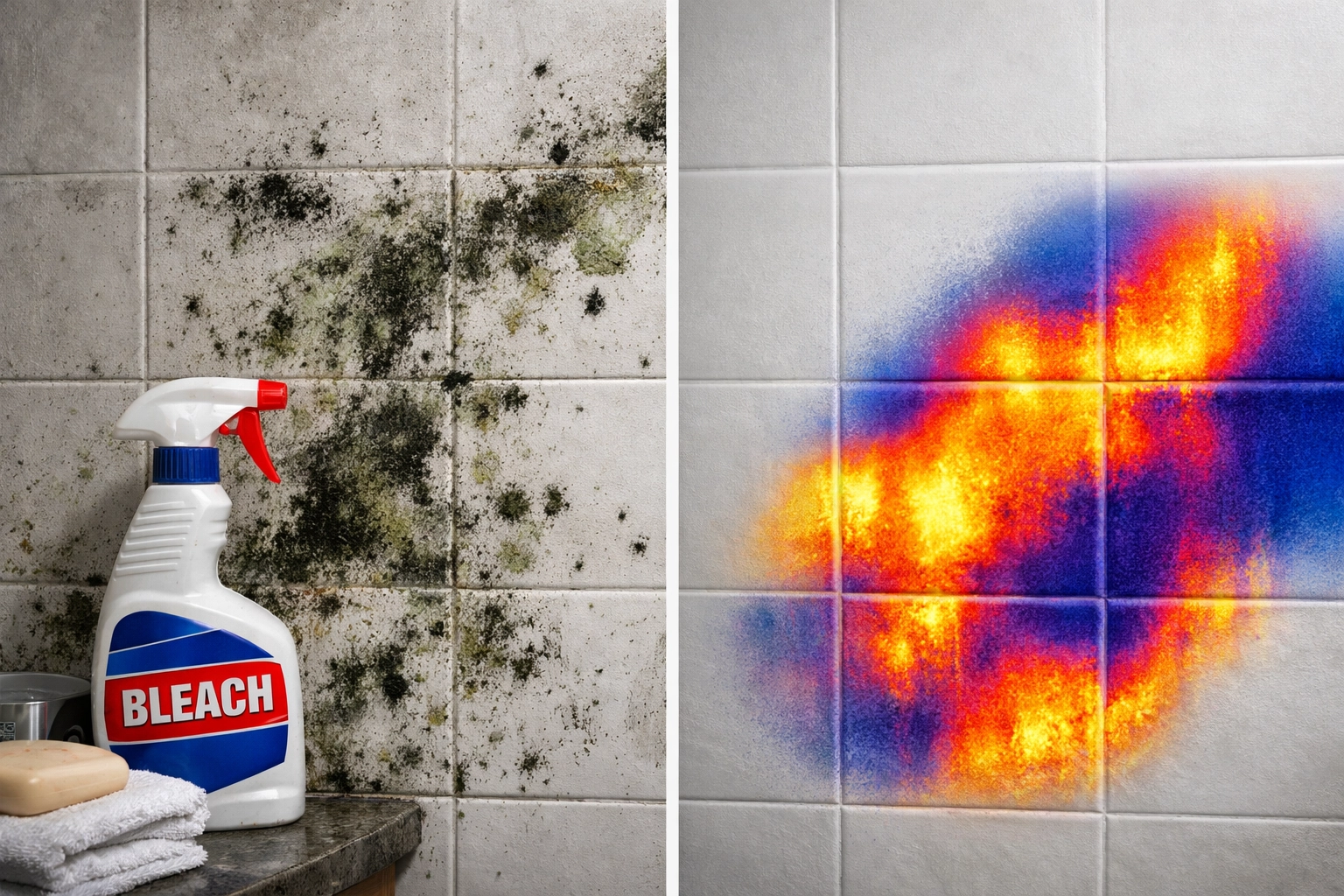 Thermal imaging reveals hidden mold behind cleaned bathroom wall