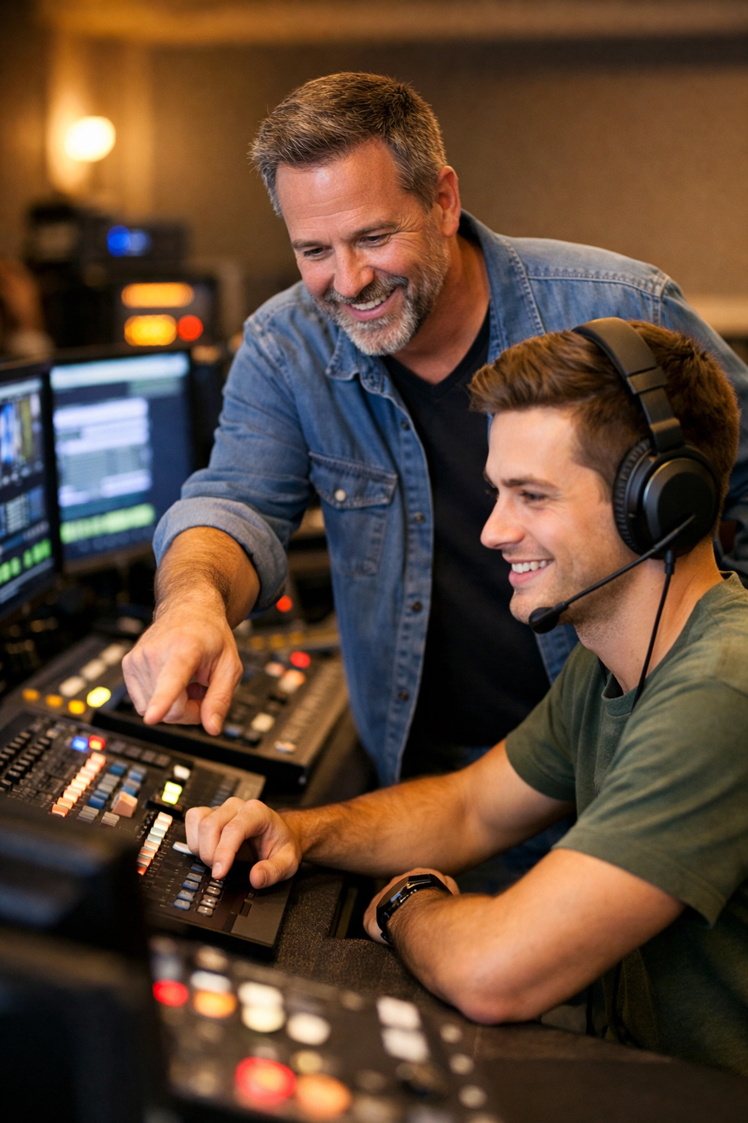 Experienced AV operator mentoring new volunteer in control booth