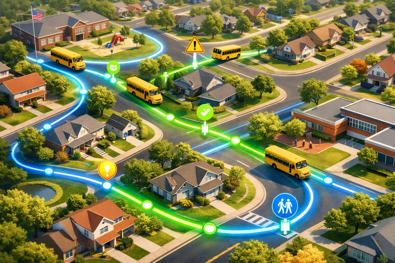 Aerial view of optimized school bus routes with AI-powered navigation through neighborhood