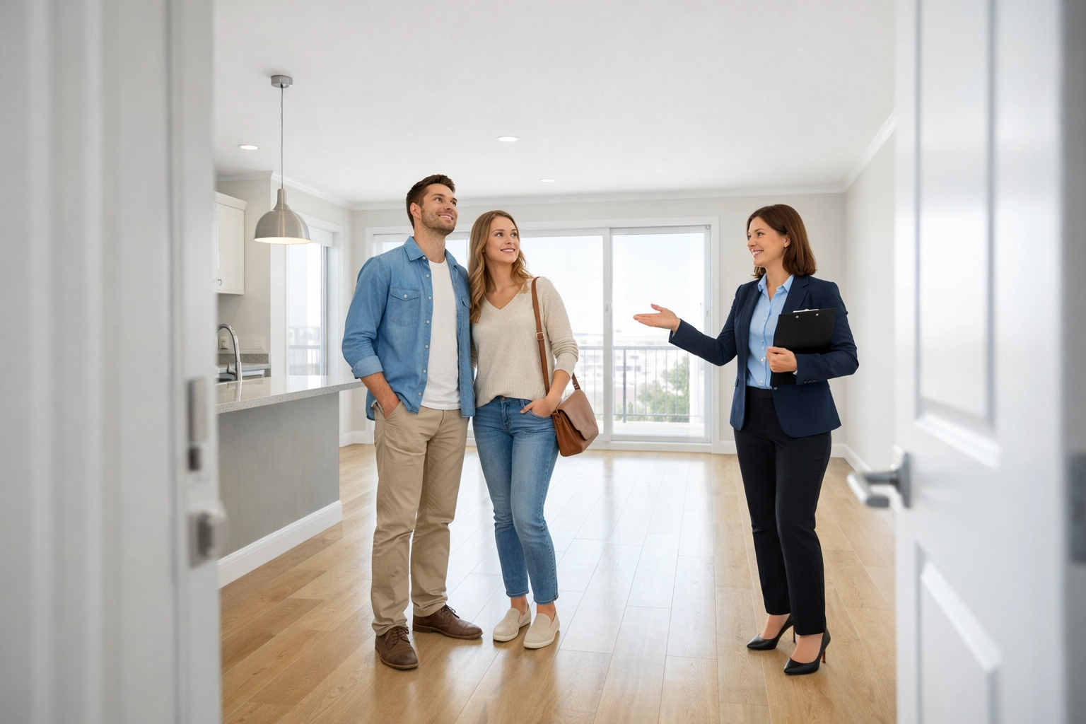 Prospective tenants touring clean, move-in ready apartment unit with property manager