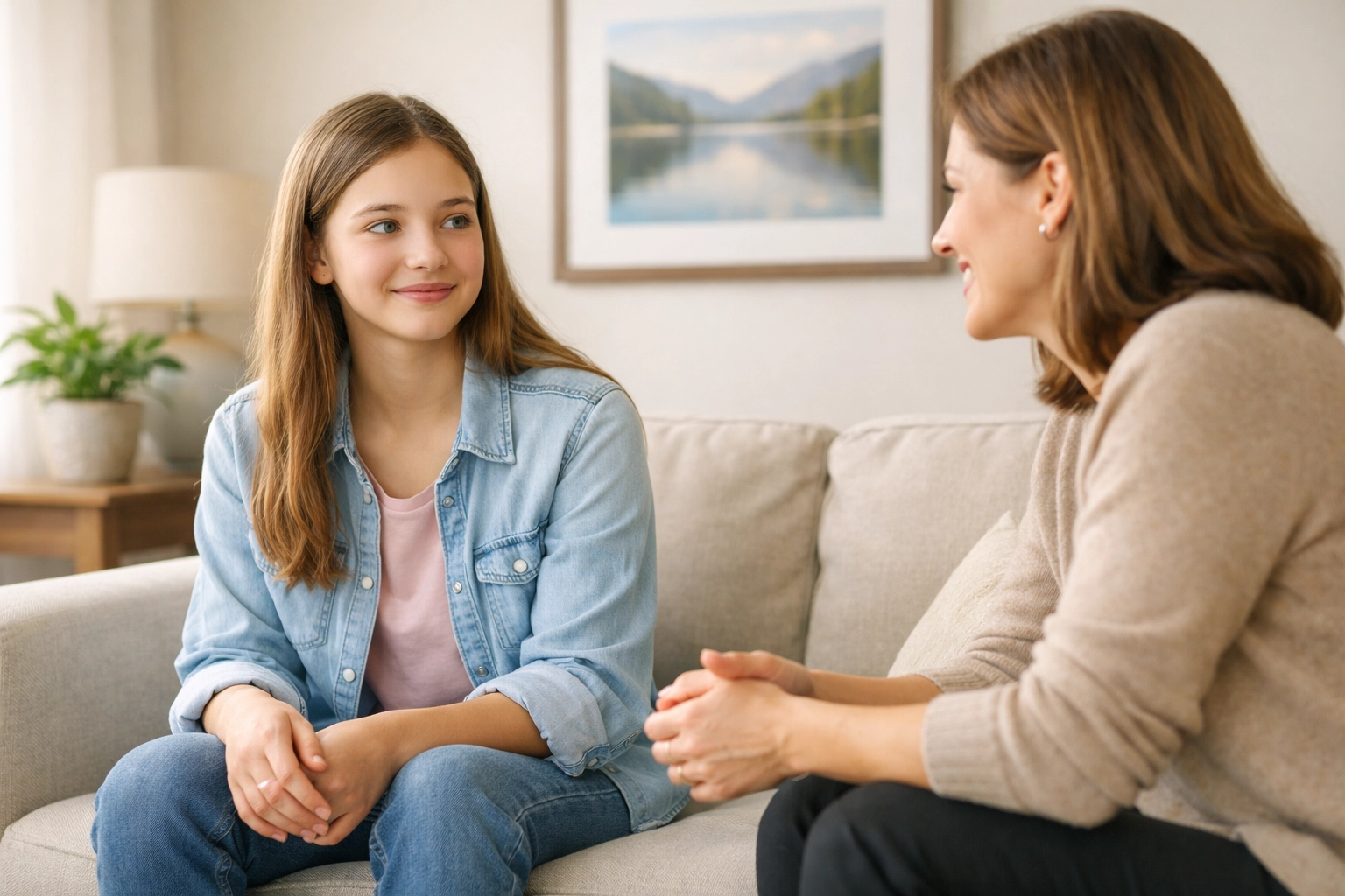 Supportive counseling session between a therapist and teen at a residential treatment center for girls.