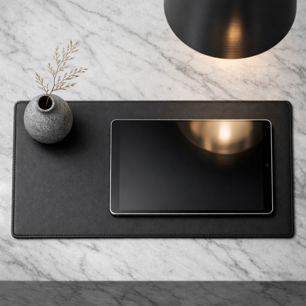 A minimalist hotel reception desk featuring a tablet for streamlined guest management software.