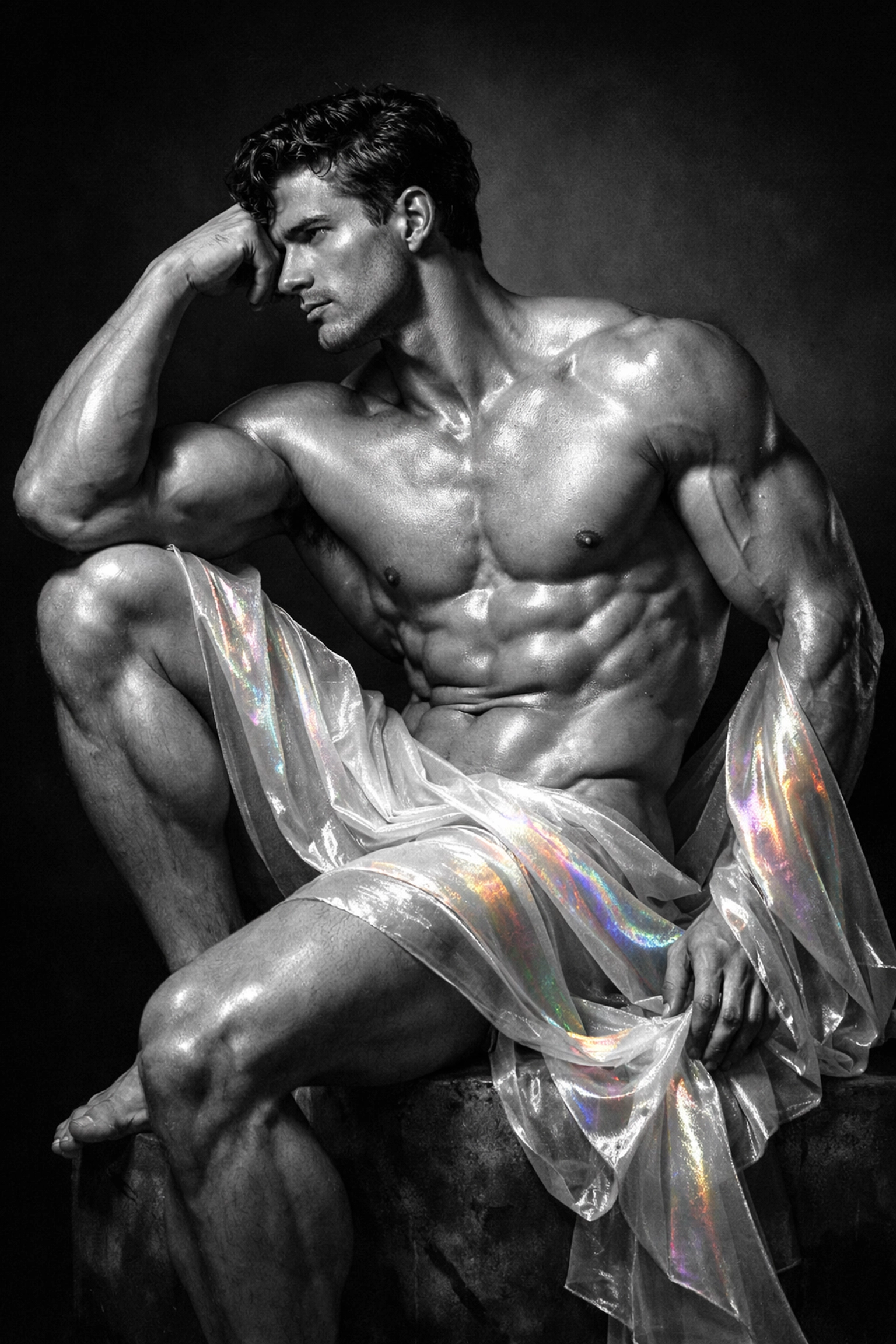 Artistic black and white photo of a muscular man posing, highlighting the lines of the male body in queer art.