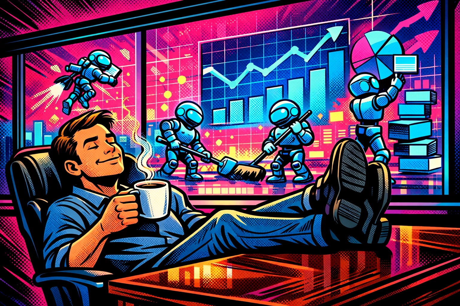 Business owner relaxing while AI automation tools handle background data entry and admin tasks.