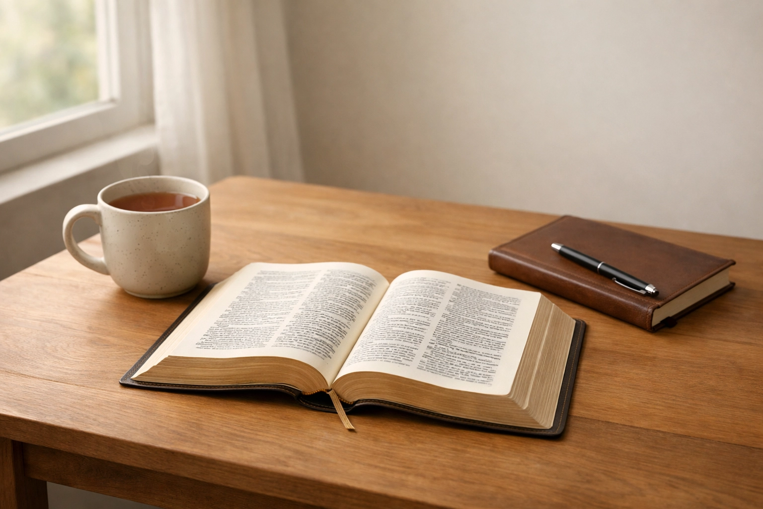 Open Bible with tea and journal for quiet Lenten reflection and prayer time