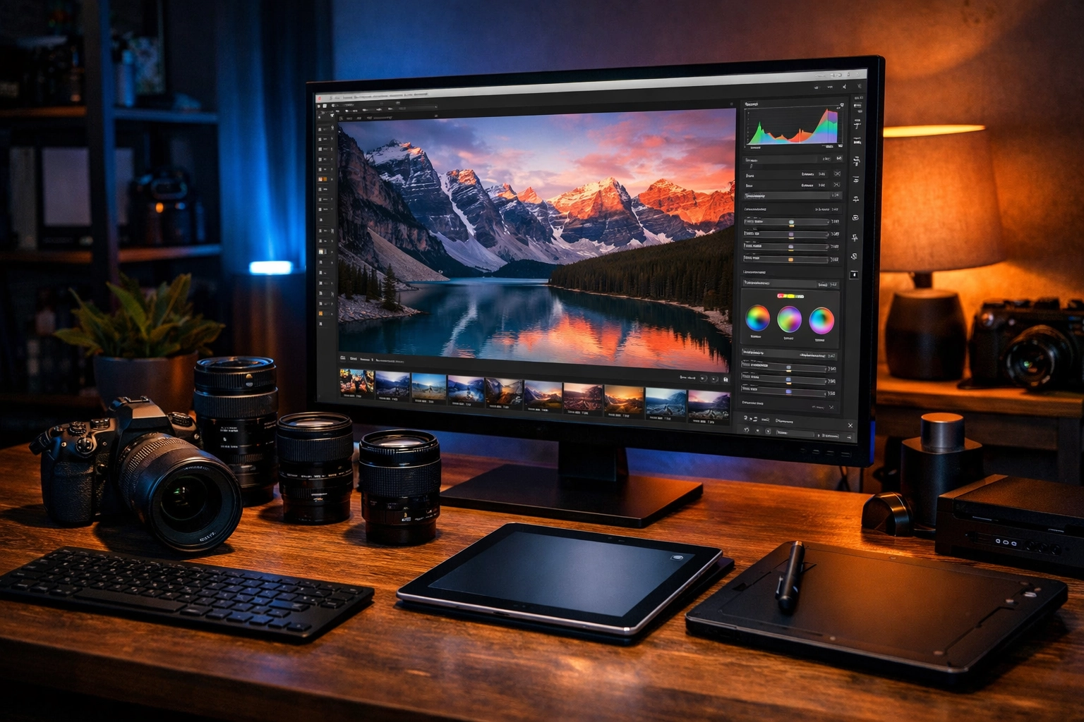 A modern photographer’s workspace with mirrorless cameras, highlighting that staying current with photography news matters.