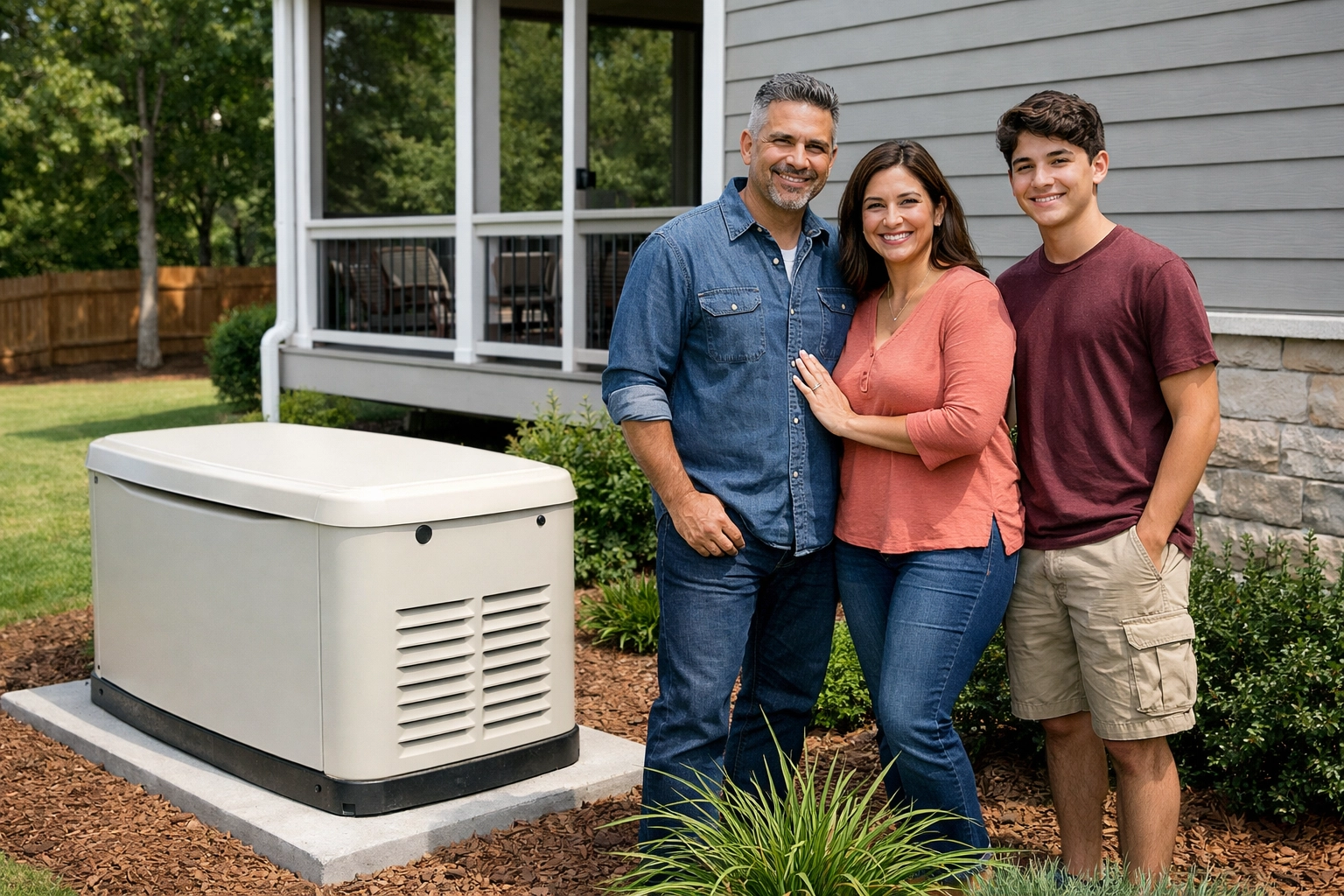 Mexican family homeowners standing beside a whole-house standby generator outside their Metro Atlanta home, looking calm and prepared in bright natural daylight.