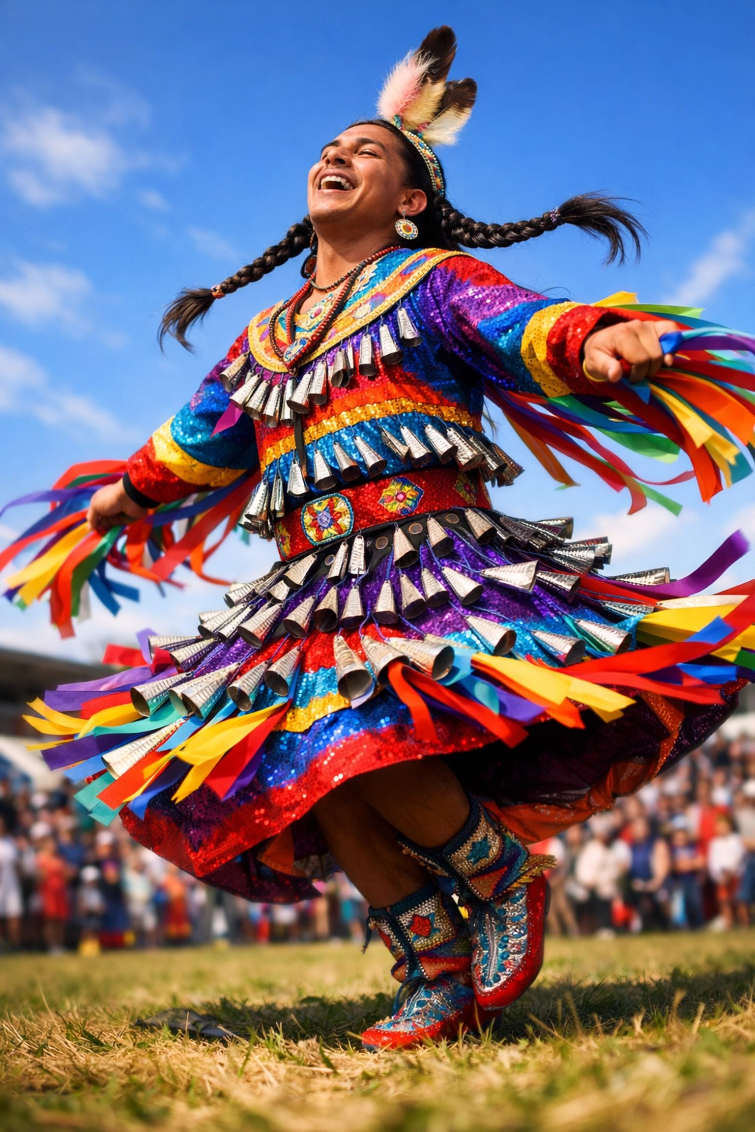 Two-Spirit dancer in a colorful Jingle Dress performing at a powwow, honoring Indigenous LGBTQ+ traditions.