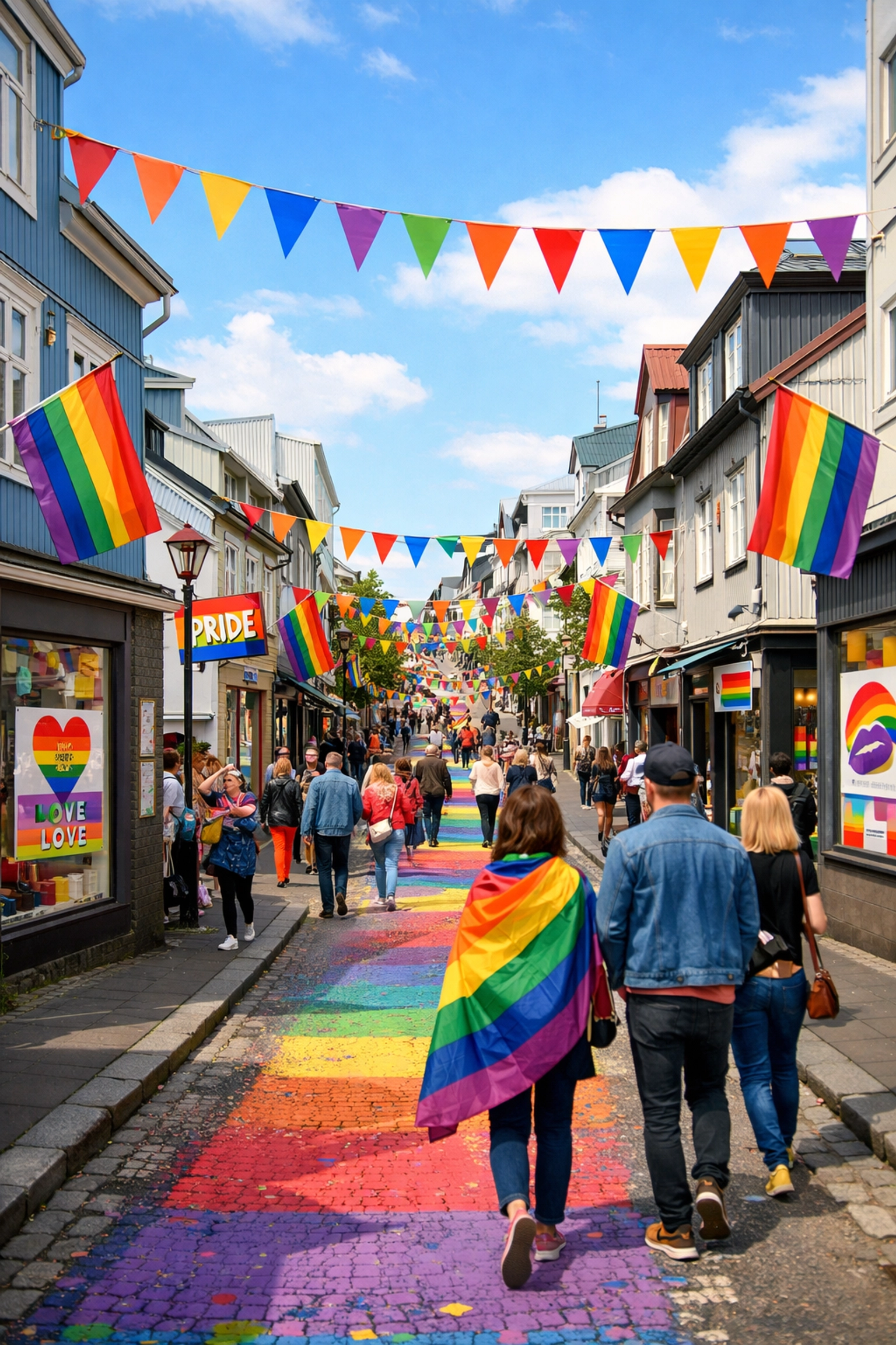 Downtown Reykjavik decorated with rainbow flags for Iceland Pride 2026 celebration