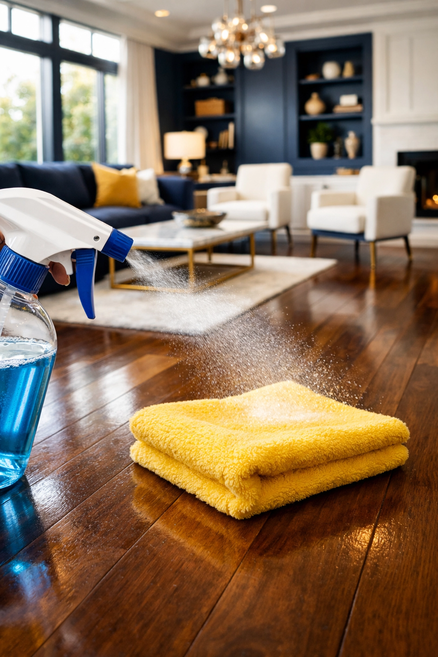 Spraying cleaner on a microfiber cloth for safe house cleaning in Westborough to protect hardwood floors.