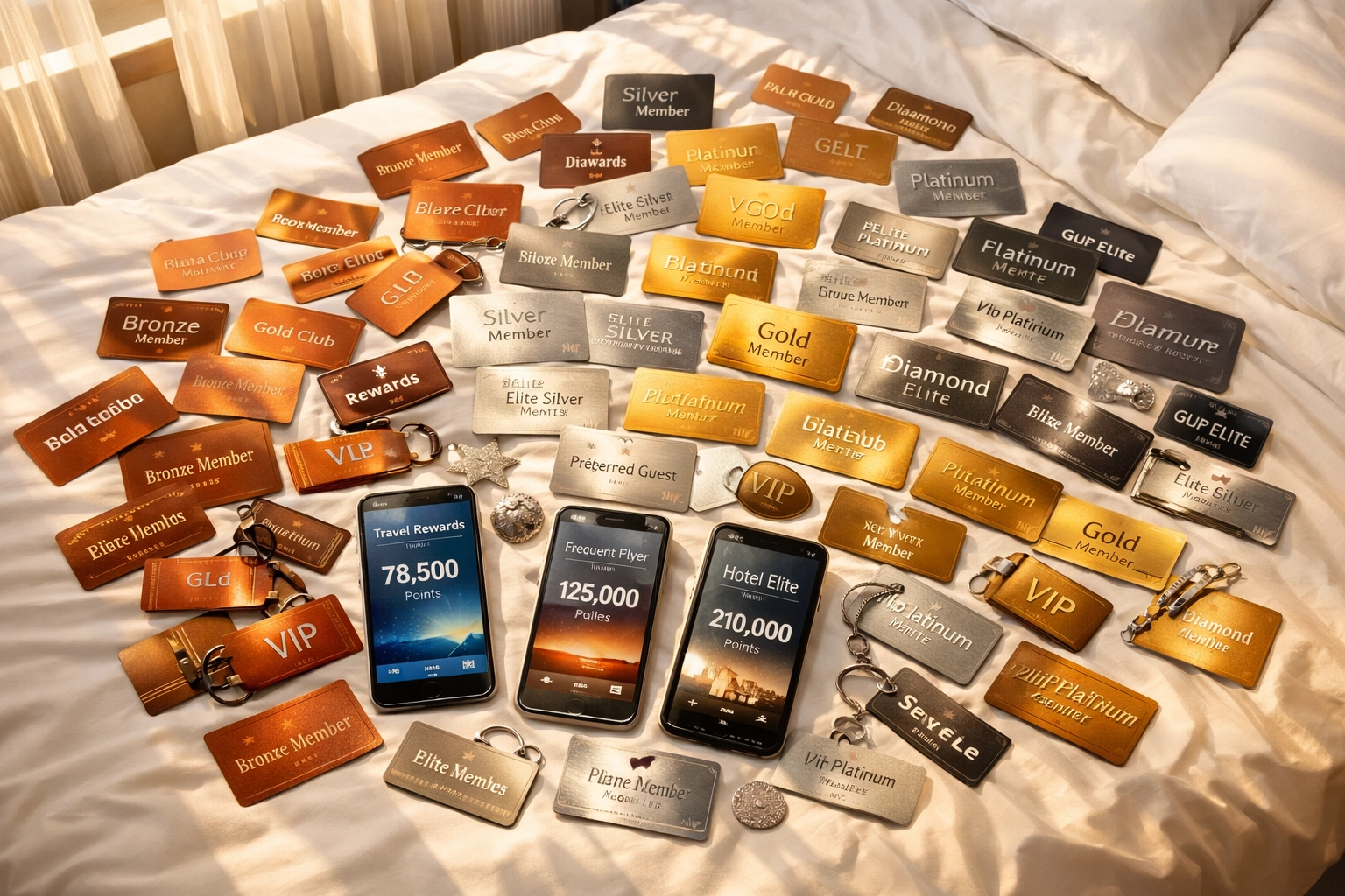 Collection of hotel and airline loyalty cards showing bronze, silver, gold, and platinum tiers