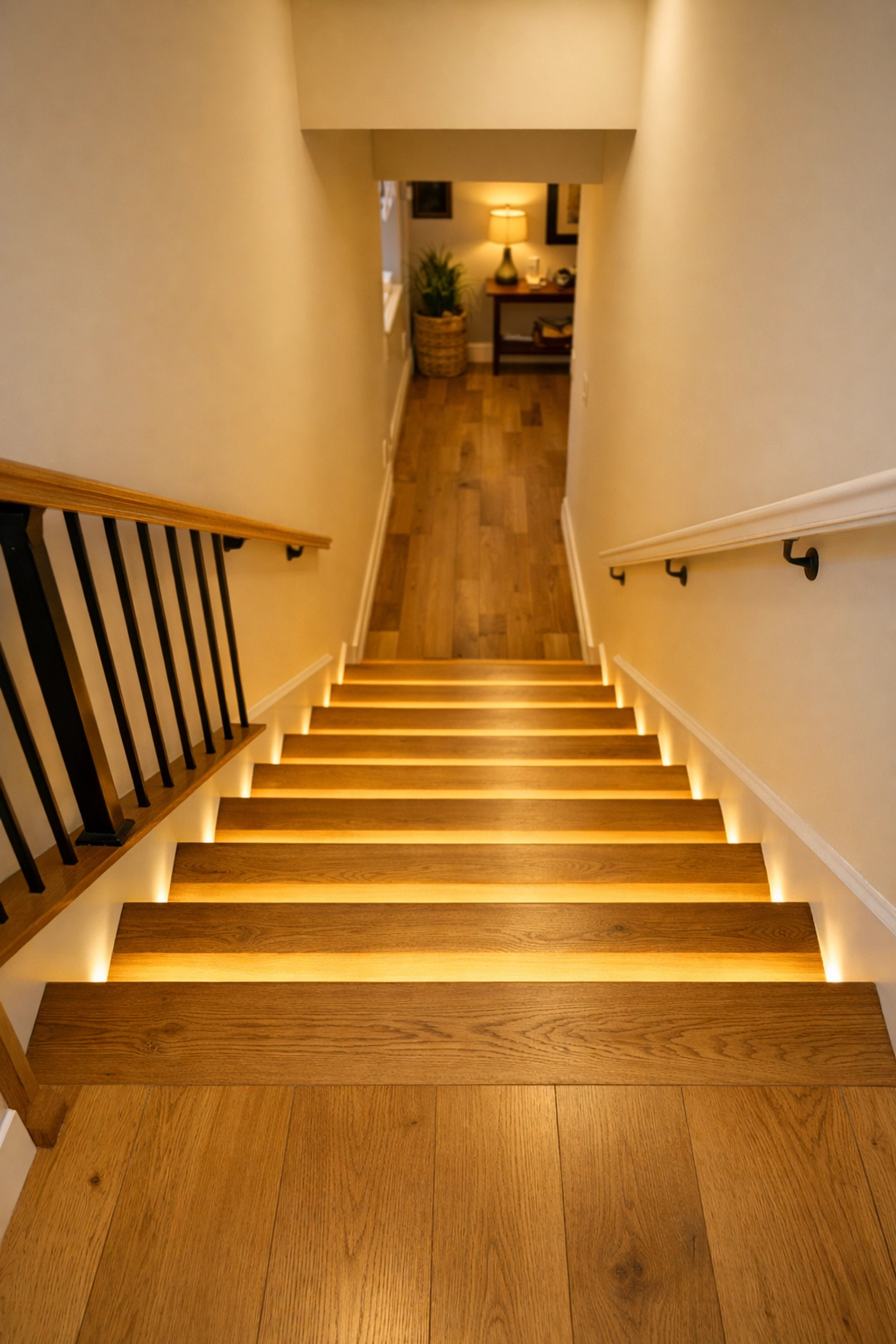 Modern staircase with motion-activated LED light strips under wooden treads for fall prevention.