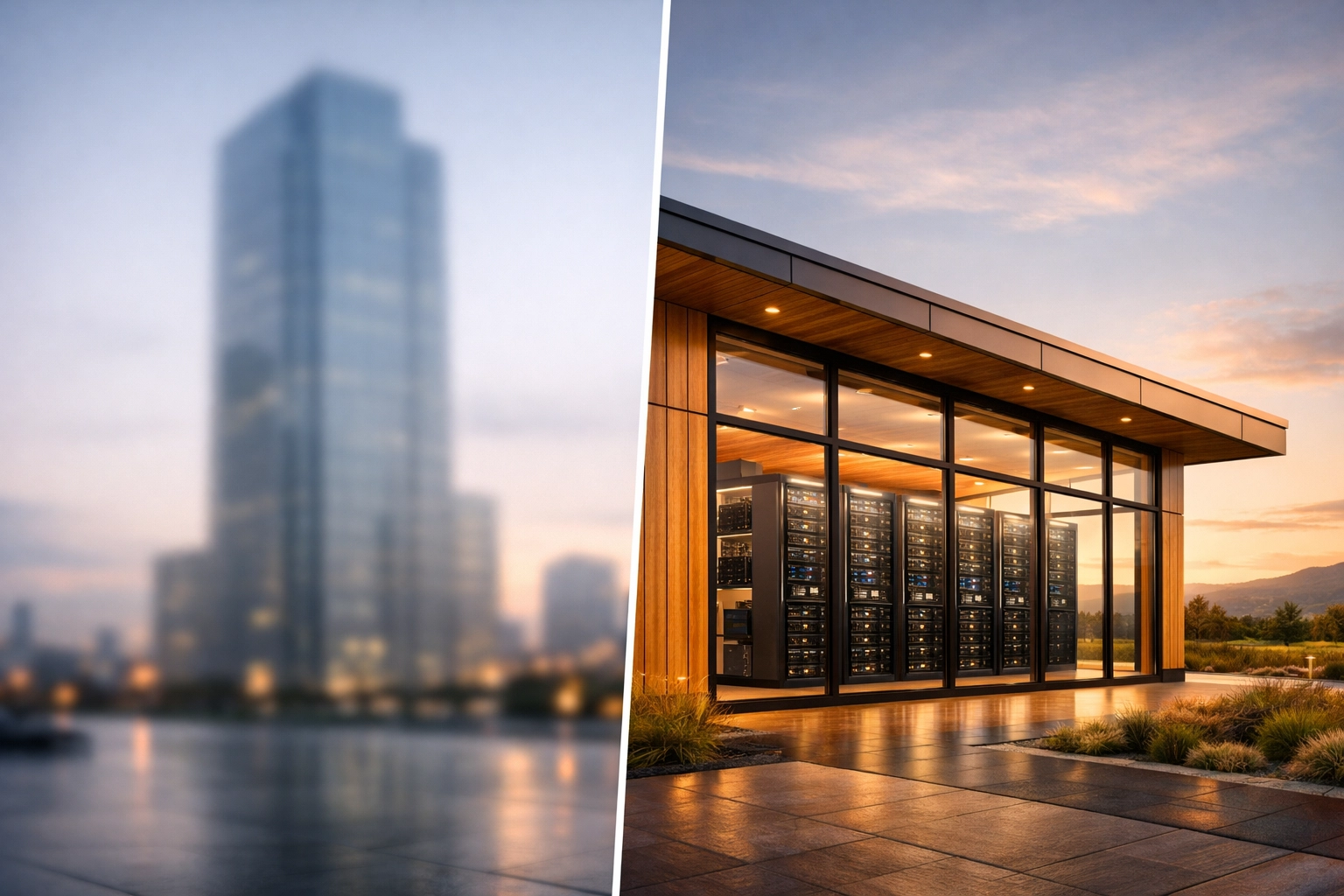 Modern local sovereign cloud data center compared to a generic global cloud infrastructure skyscraper.