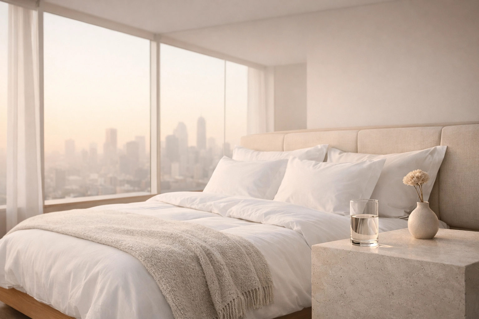 Luxury hotel suite with a city view, reflecting seamless operations in the AI hospitality era.