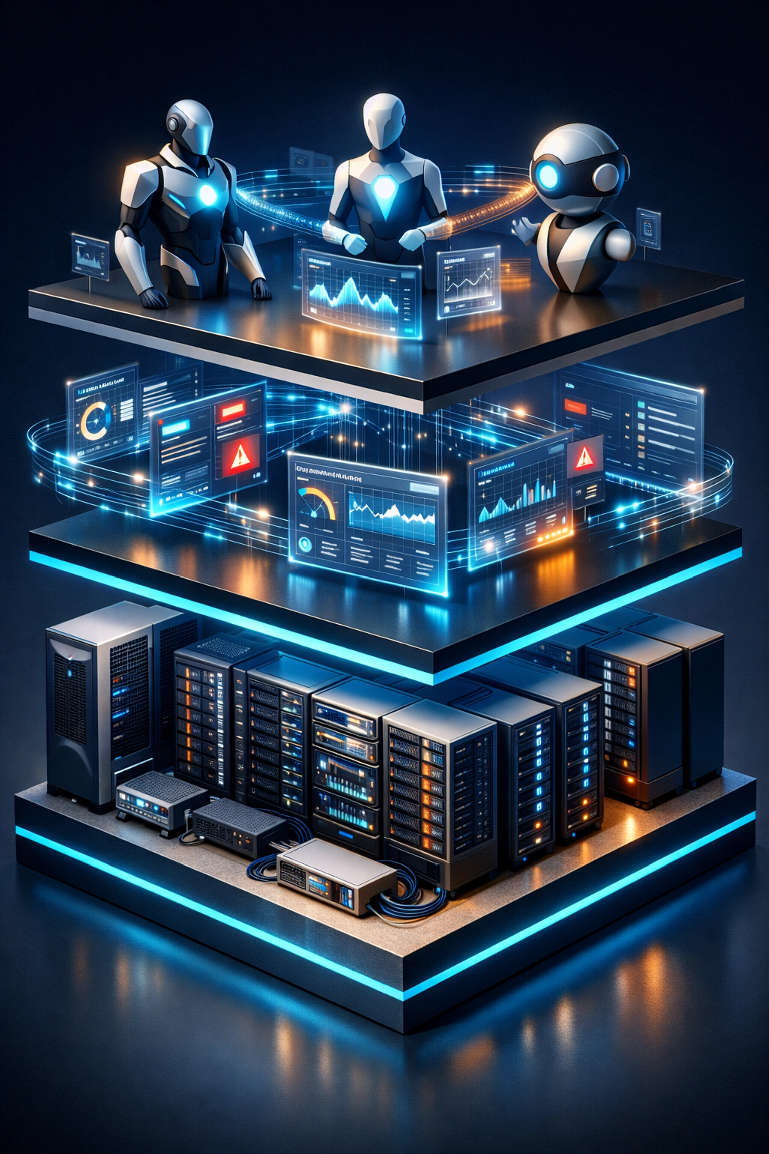 Multi-layered IT infrastructure showing ServiceNow monitoring, automation, and AI agent communication systems