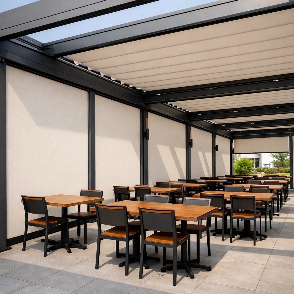 Robuste Gastro Pergola Wien mit Zip-Markisen für die wetterfeste Schanigarten-Nutzung.