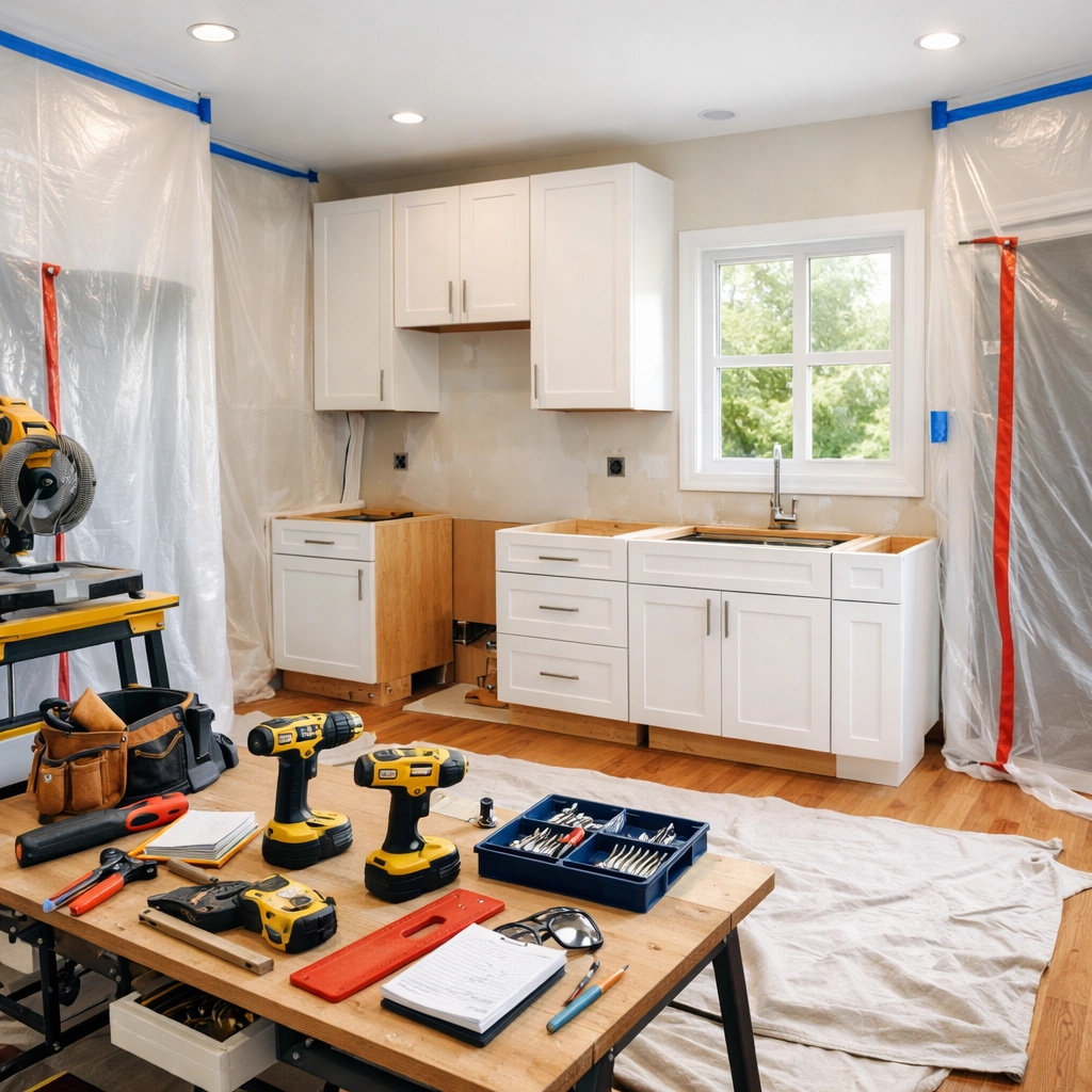 Clean and organized kitchen remodeling workspace with protective barriers and new cabinets