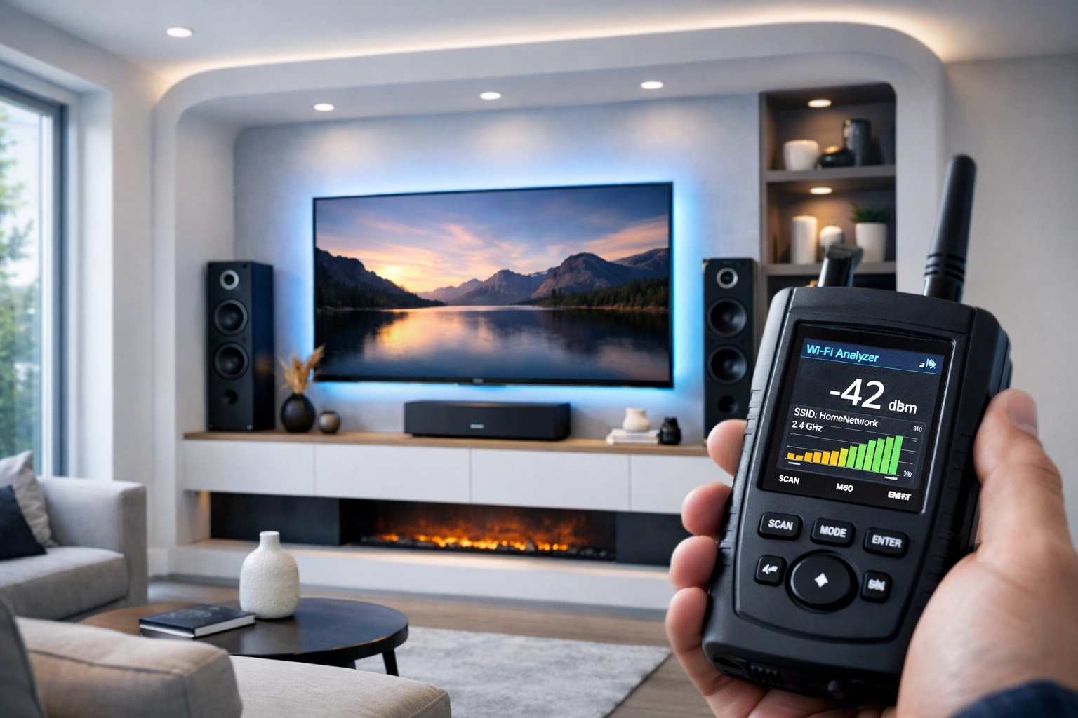 WiFi network testing for media wall installation showing professional infrastructure setup