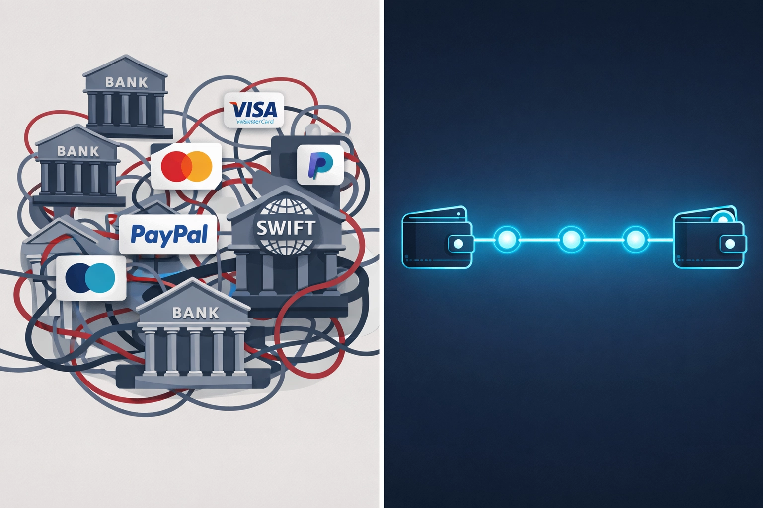 Traditional payment processing maze versus streamlined Web3 blockchain payment pathway comparison