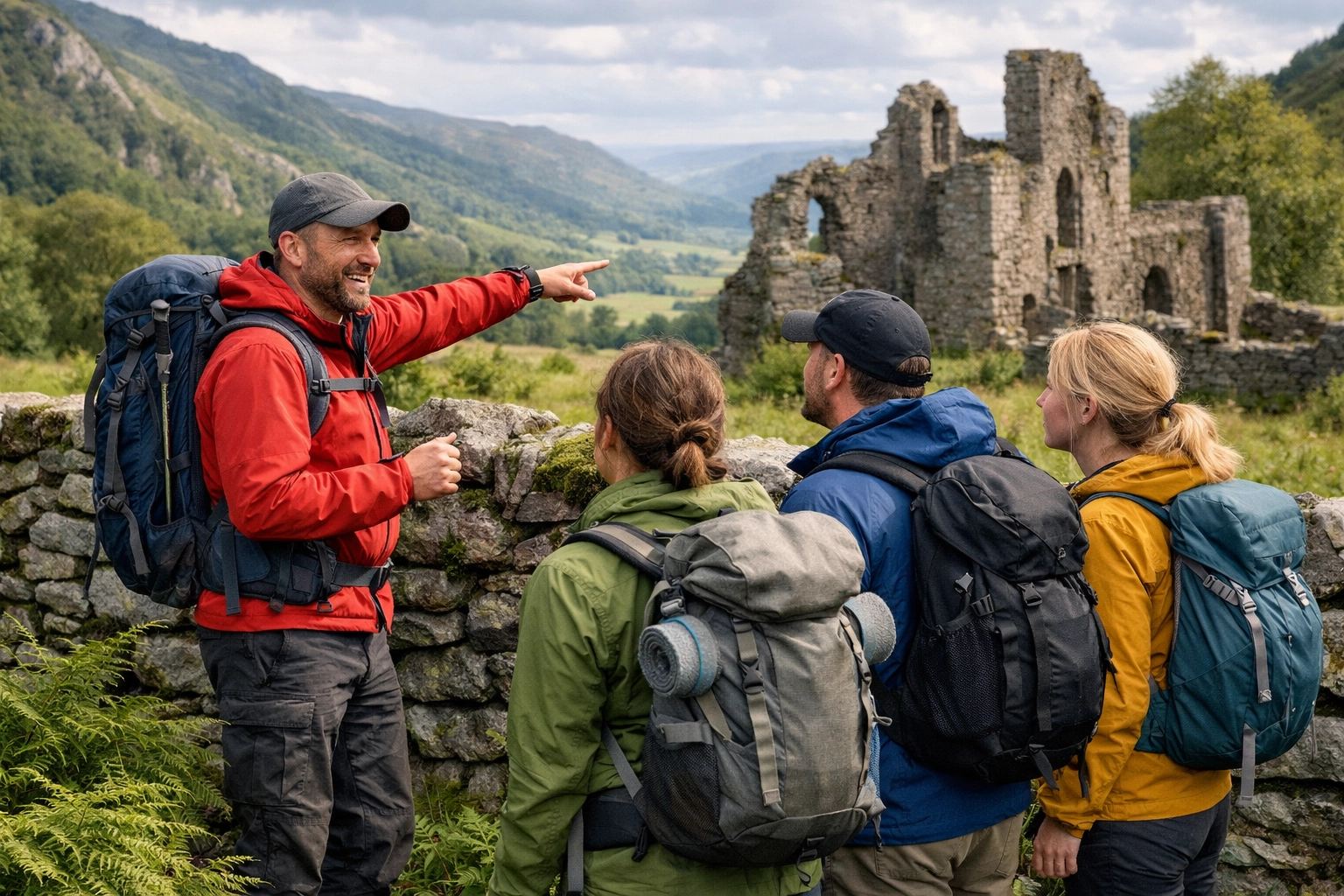 A professional guide sharing local history with hikers by an ancient stone wall in the British countryside.