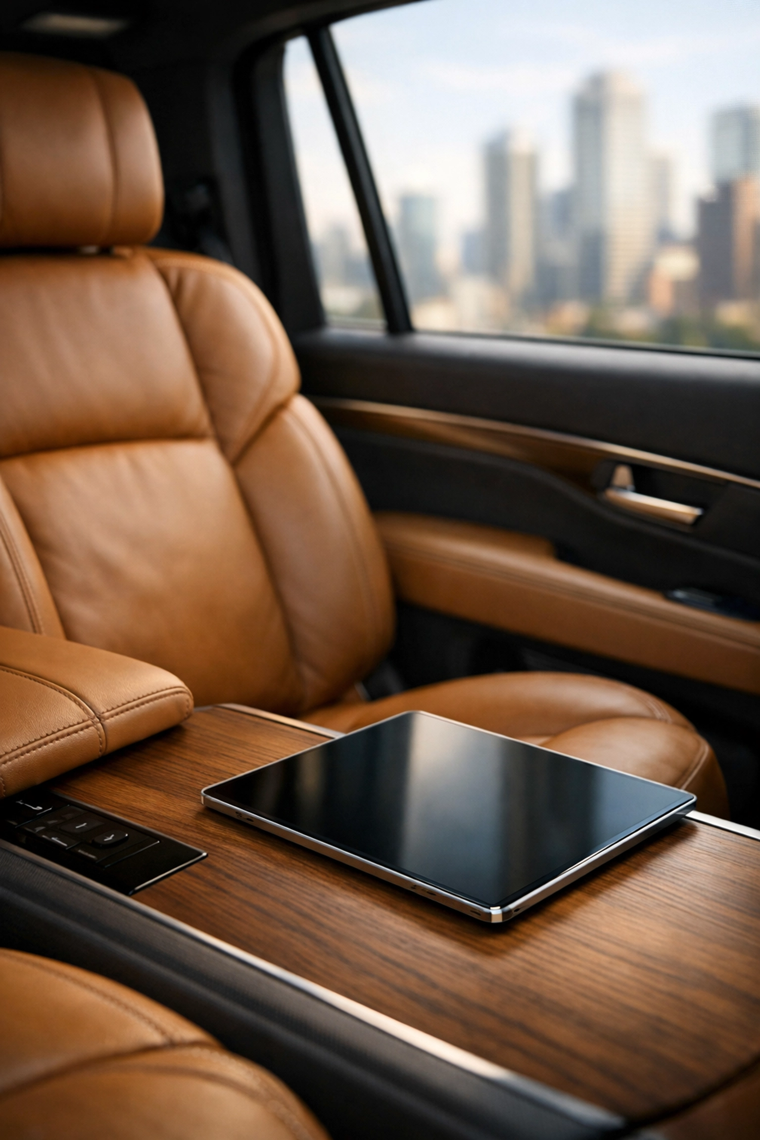 Luxury SUV passenger cabin with tan leather seating designed for high-end executive travel and comfort.