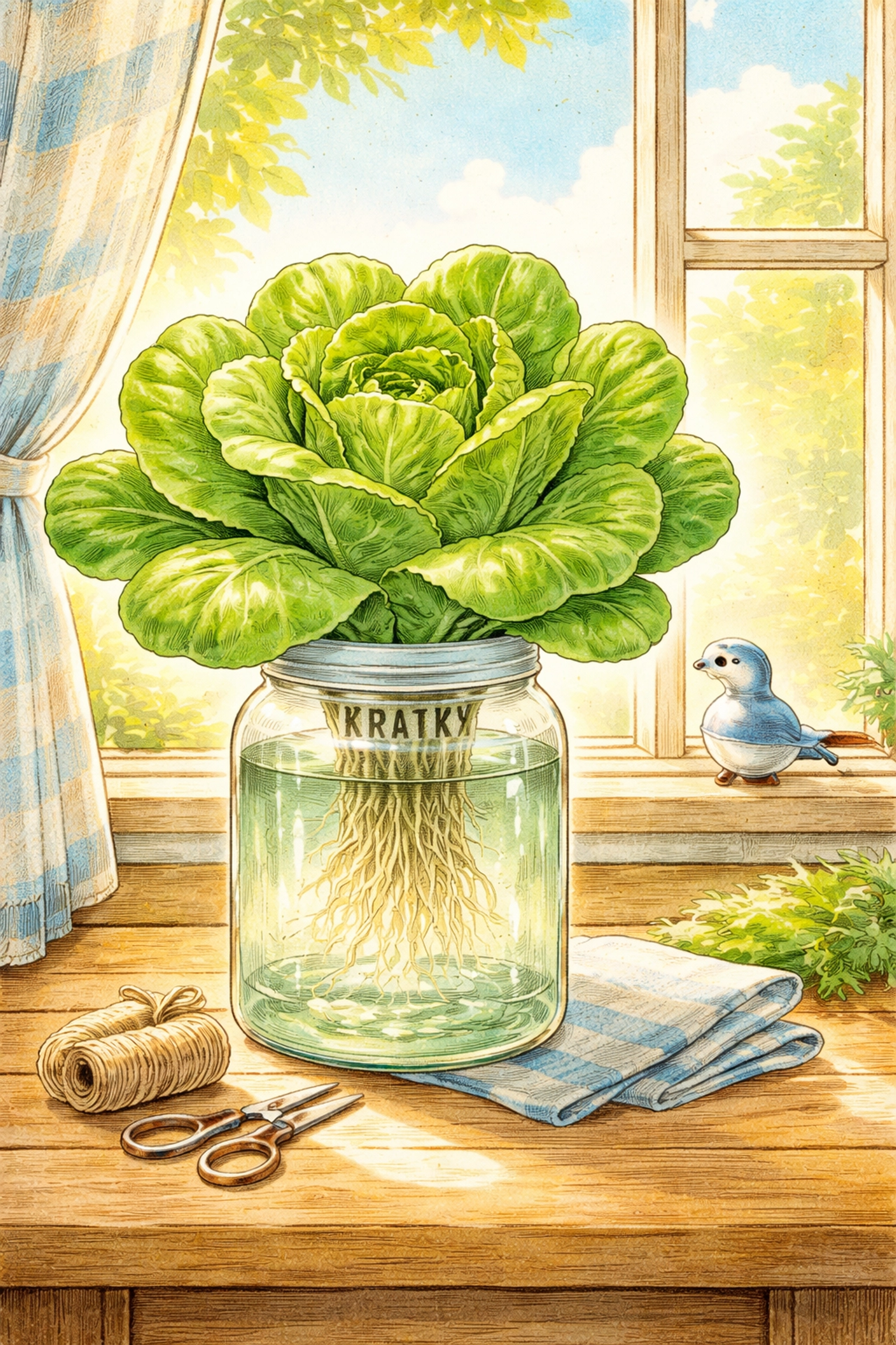 A thriving butterhead lettuce plant grows in a Kratky jar system on a table by a window, demonstrating successful hydroponic gardening indoors.