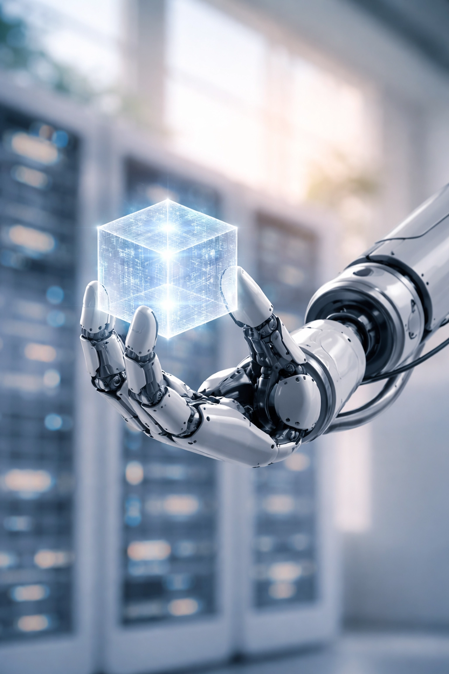 Robotic arm holding a glowing data cube symbolizing how precise technical SEO fuels AI and search rankings