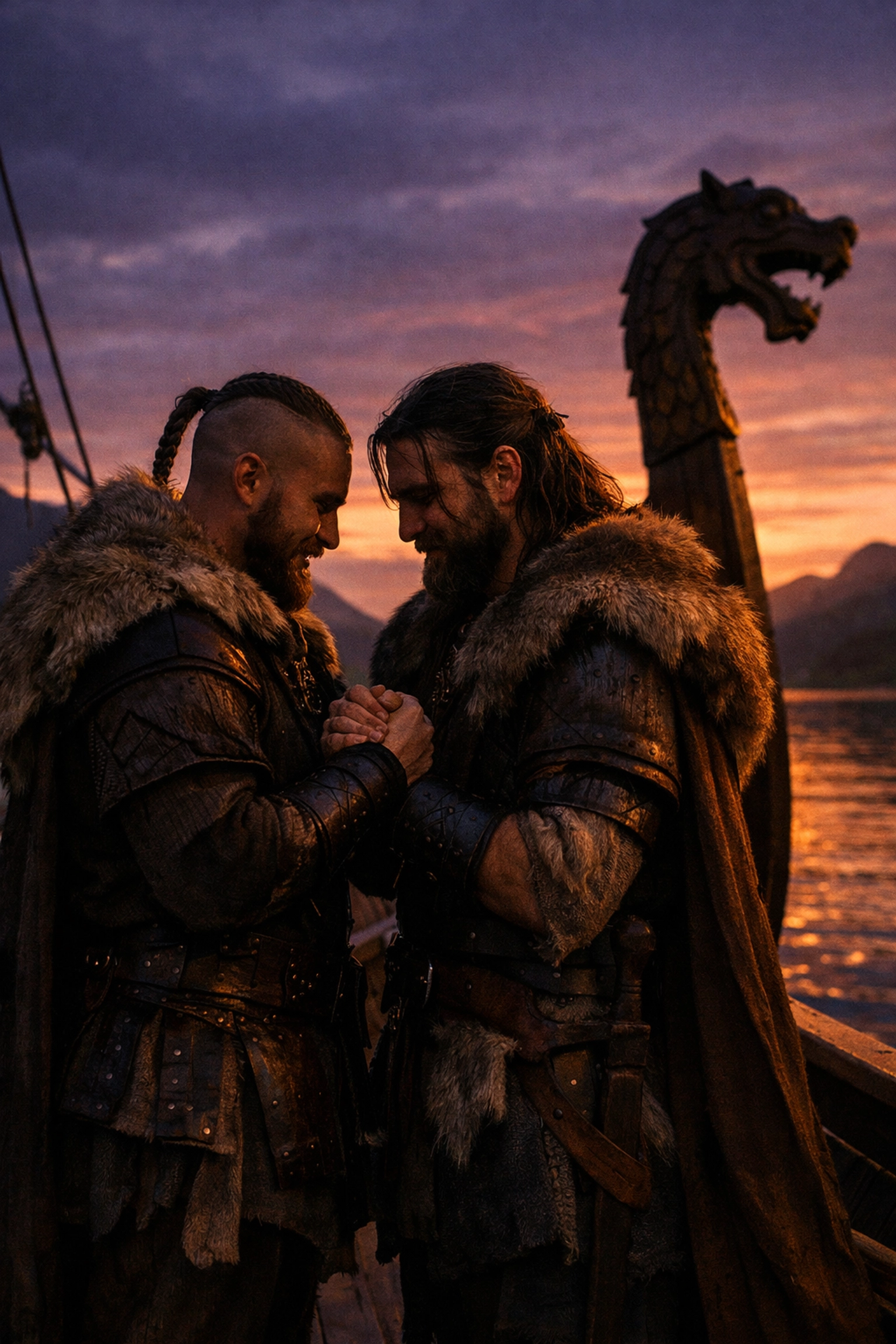 Two Viking shield-brothers share an intimate moment on a longship at dusk