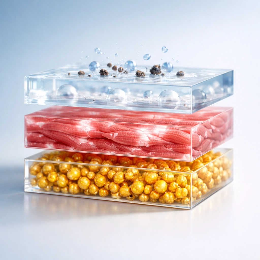 Three layers showing muscle recovery processes: waste removal, fiber repair, and glycogen restoration