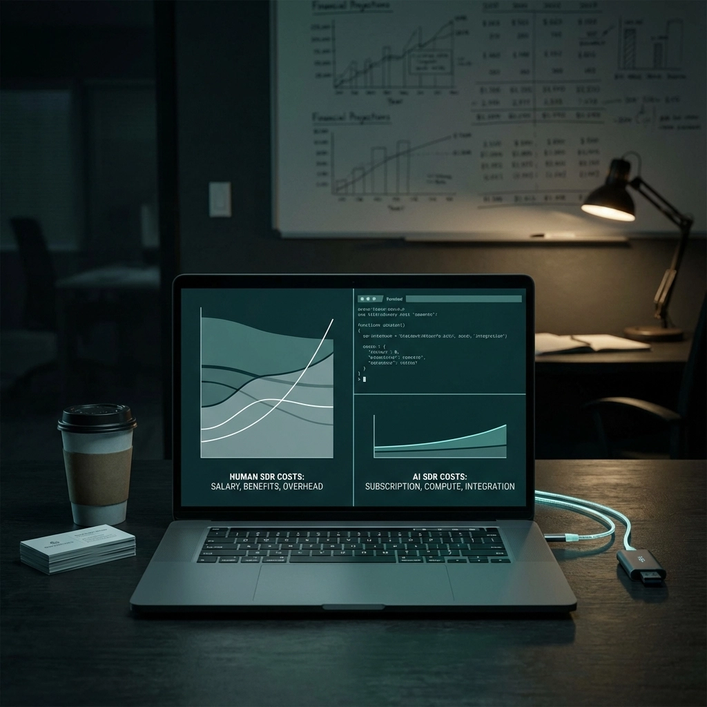 Hire SDR vs AI SDR cost comparison dashboard showing monthly expenses and ROI for sales development rep startups