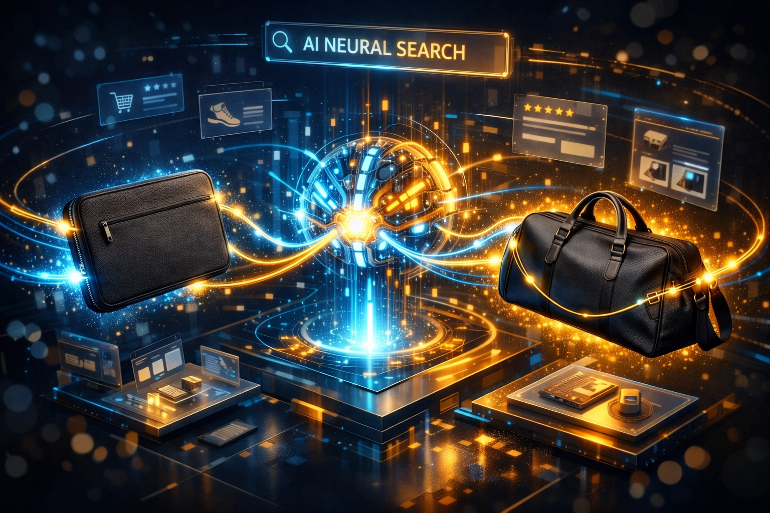 Larecoin.ai neural search engine visualizing AI-powered product discovery for smart Web3 business payments.