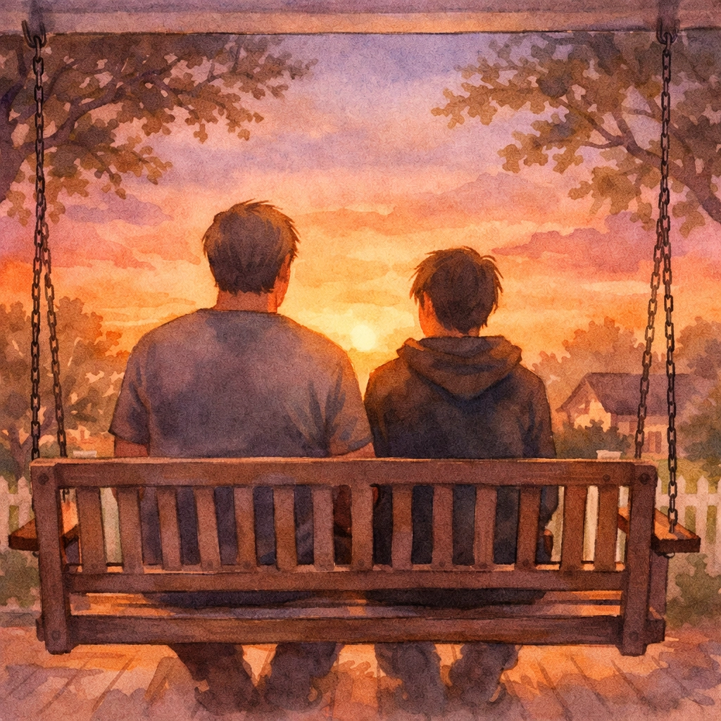 Parent and teen sitting together on porch swing having a faith-based conversation