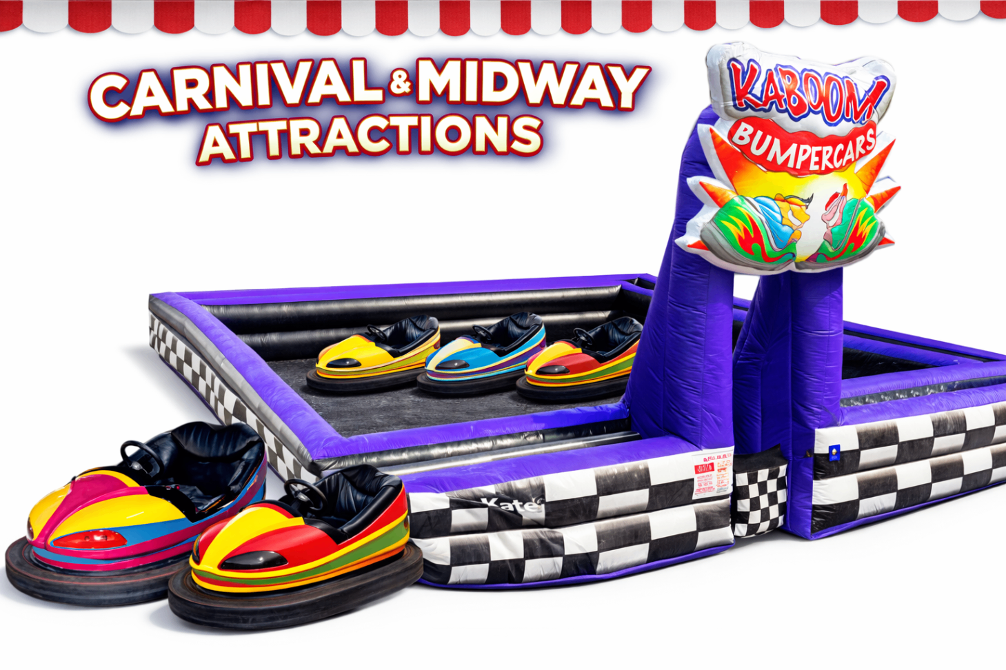 Inflatable Bumper Car Arena Rental featuring brightly colored bumper cars and a large 'Kaboom! Bumper Cars' inflatable arch