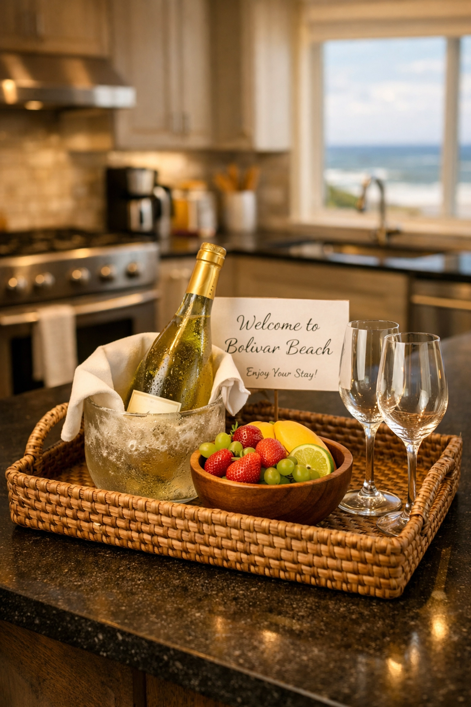 Custom guest welcome tray with wine and fruit in a luxury Bolivar Peninsula vacation home kitchen.