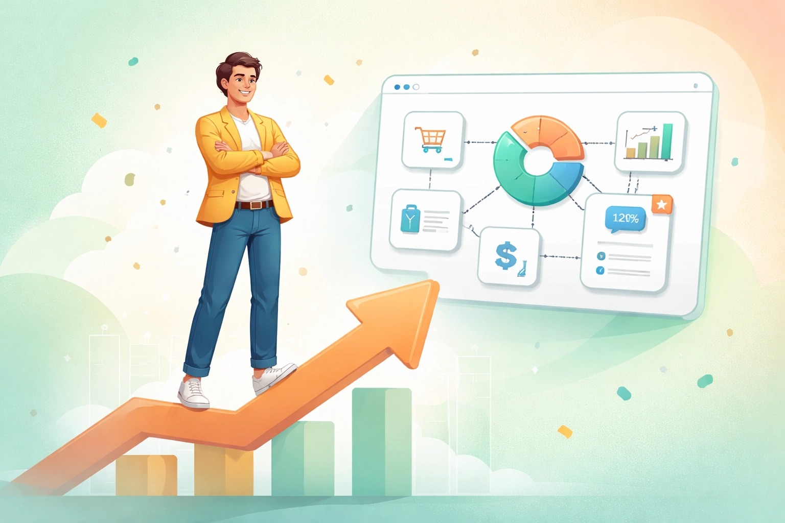 A confident small business owner standing by a unified dashboard and growth arrow, representing unified business management benefits.