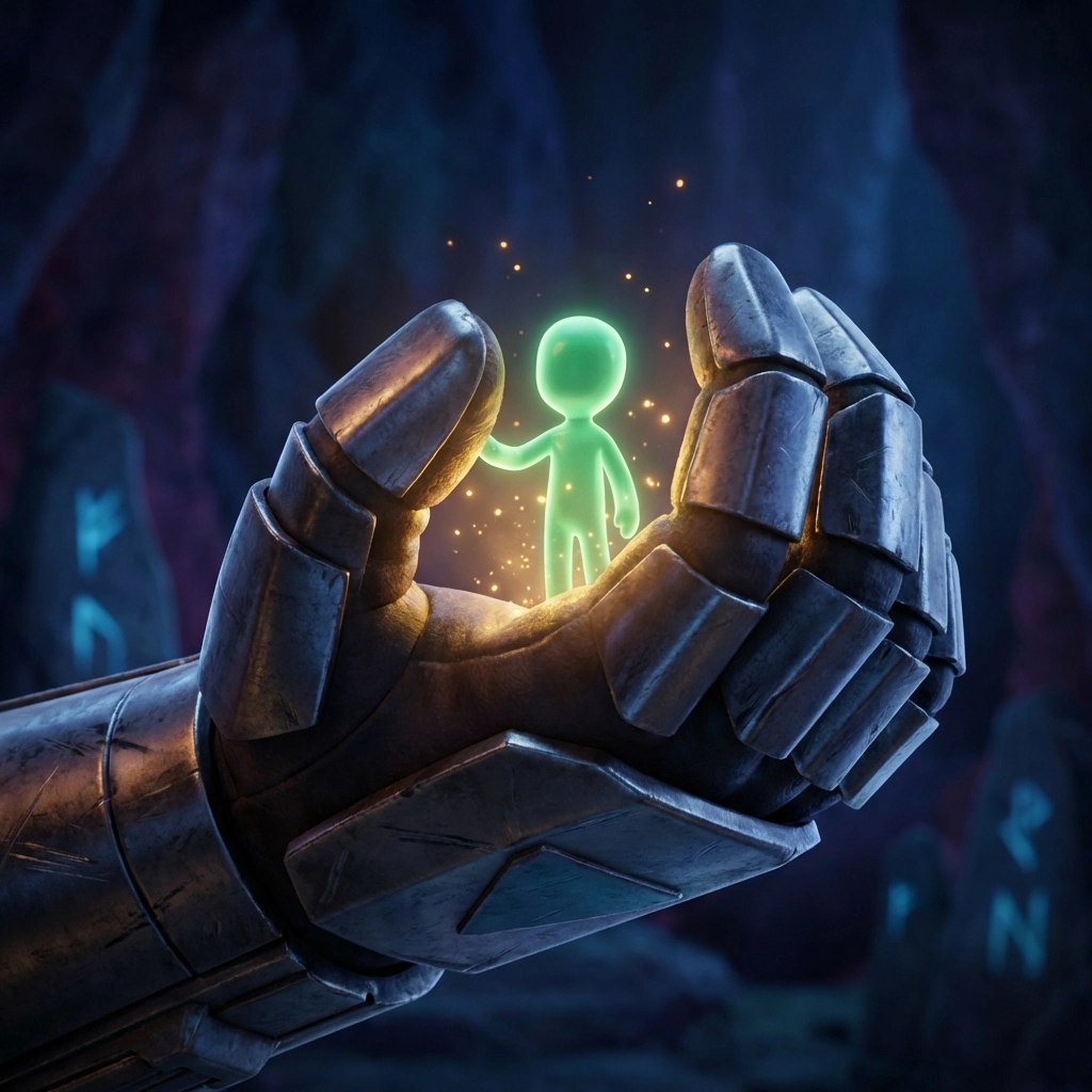 Mandalorian's armored hand protecting Grogu in emotional father-son moment