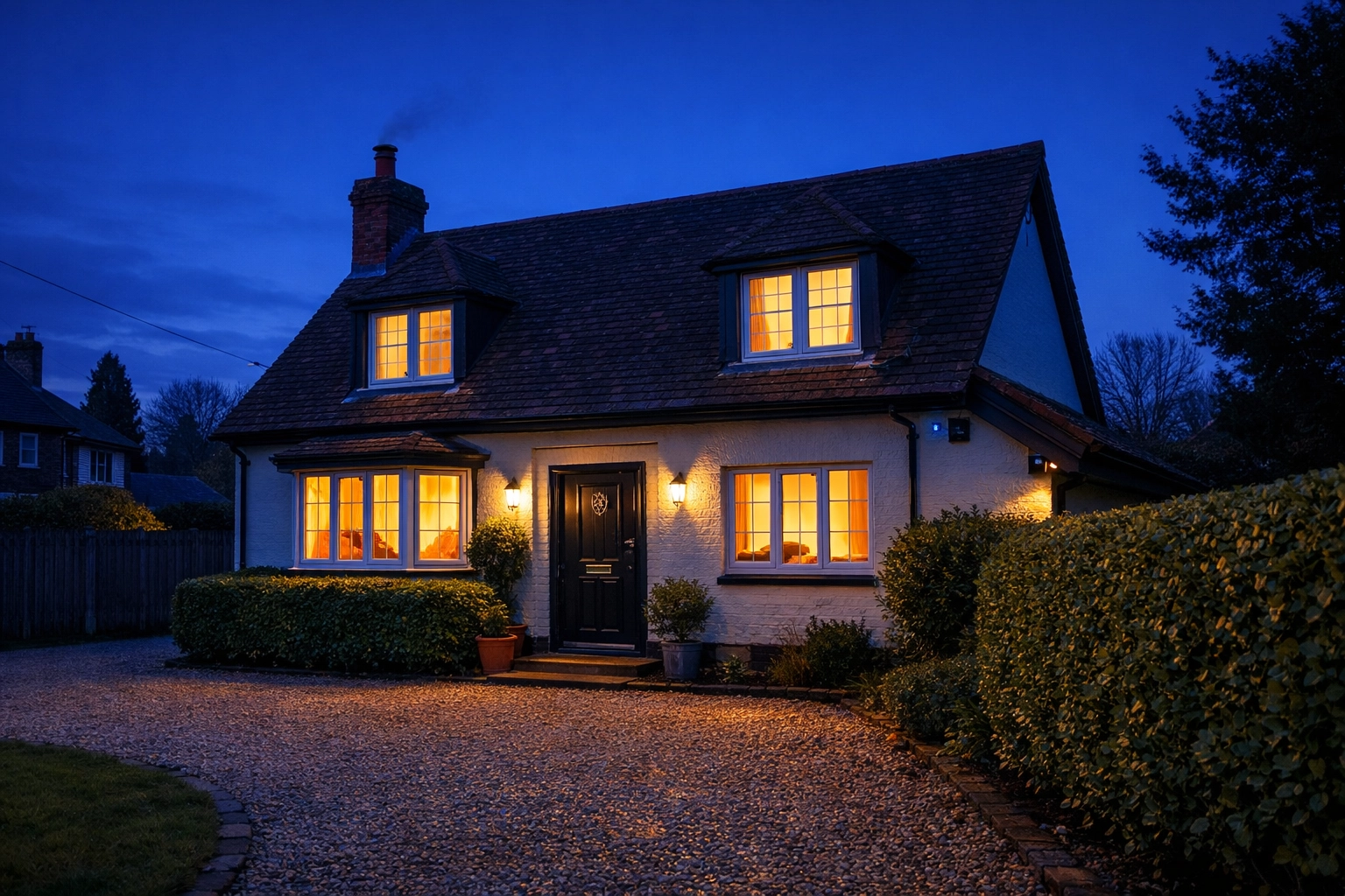 A secure detached house in Hampshire at twilight with a discreet CCTV camera under the eaves.
