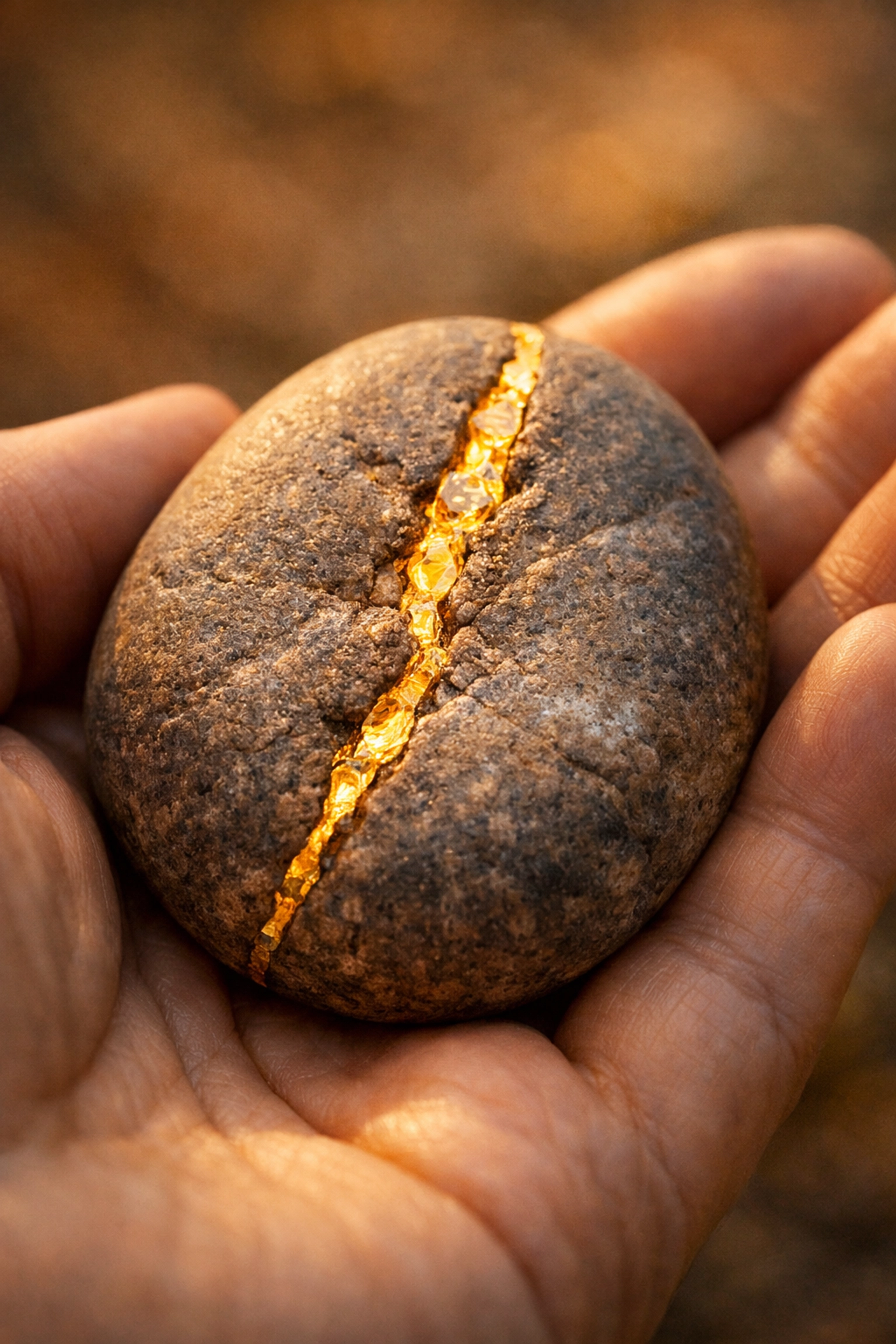 River stone with a gold quartz vein held in a hand, representing the wounded healer archetype and wisdom.
