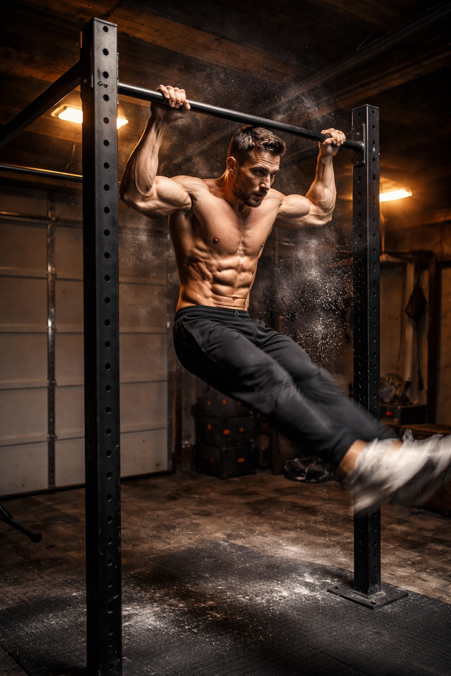 Calisthenics athlete executing an advanced move on a home vertical rail system in a garage gym, representing versatile home workout equipment
