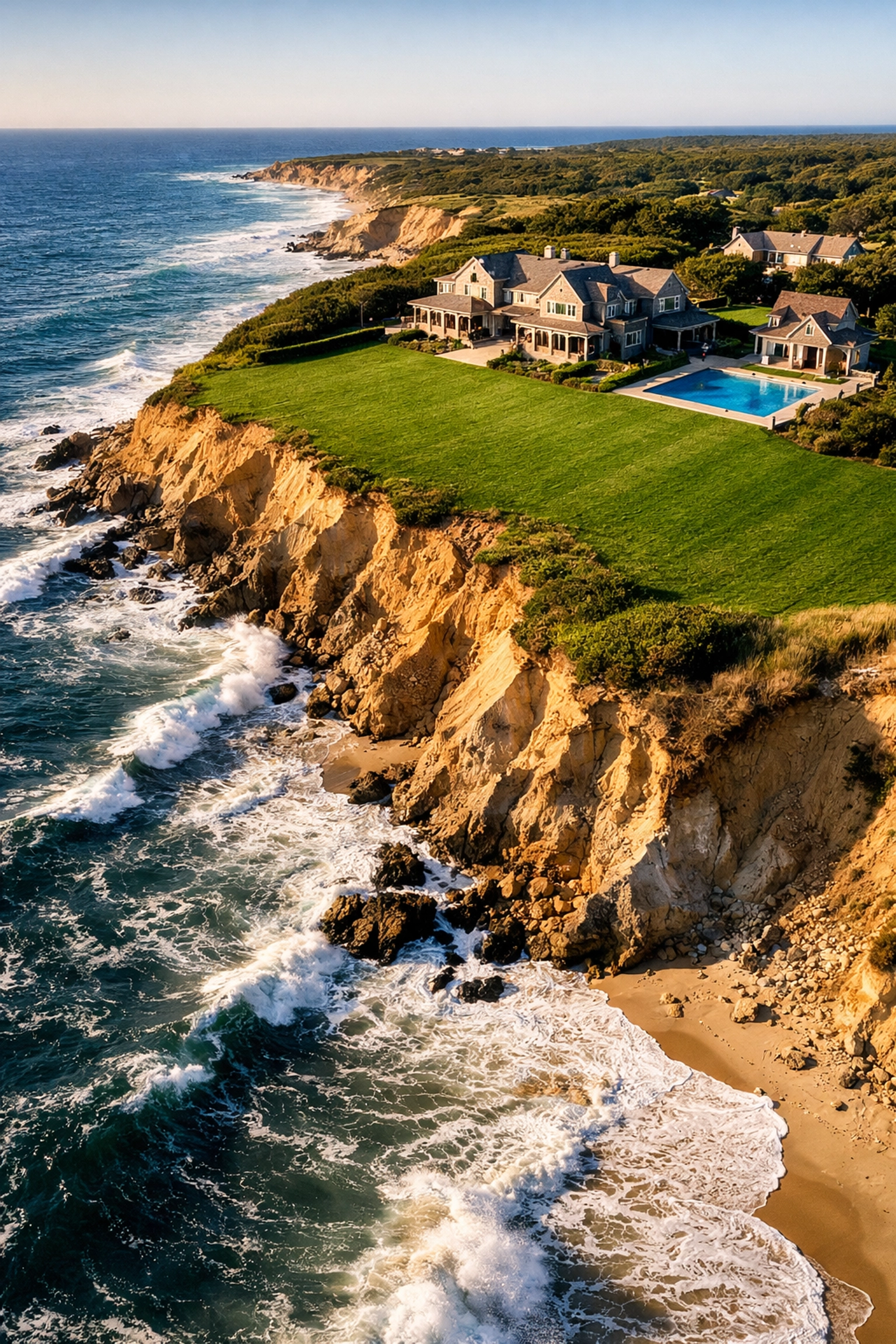 Aerial view of a Martha’s Vineyard coastal property showing erosion risks and shoreline insurance needs.