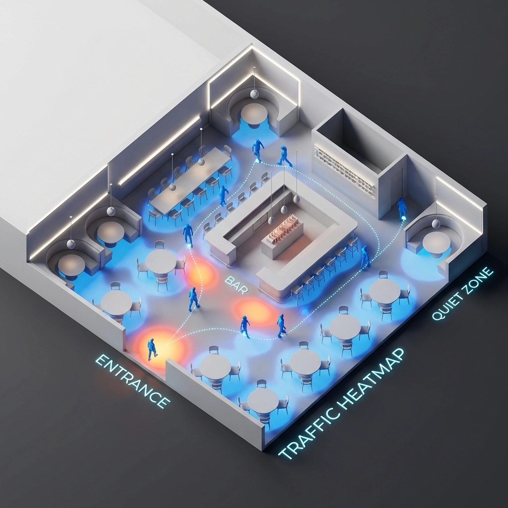 Overhead view of a restaurant floor plan with heat map overlays showing customer traffic patterns for staffing optimization