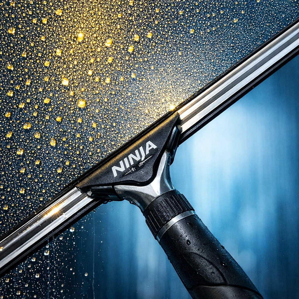 A professional squeegee clearing water from a glass pane, symbolizing mental clarity and mindfulness.