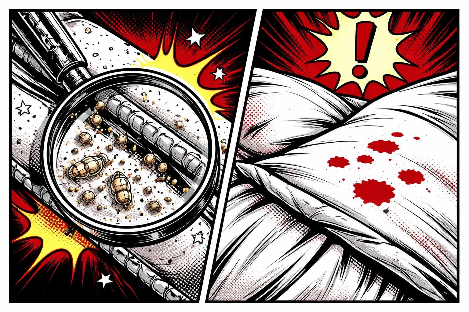 Split-panel pop art showing signs of bed bugs, including eggs and blood spots on sheets, highlights detection for Alabama homeowners