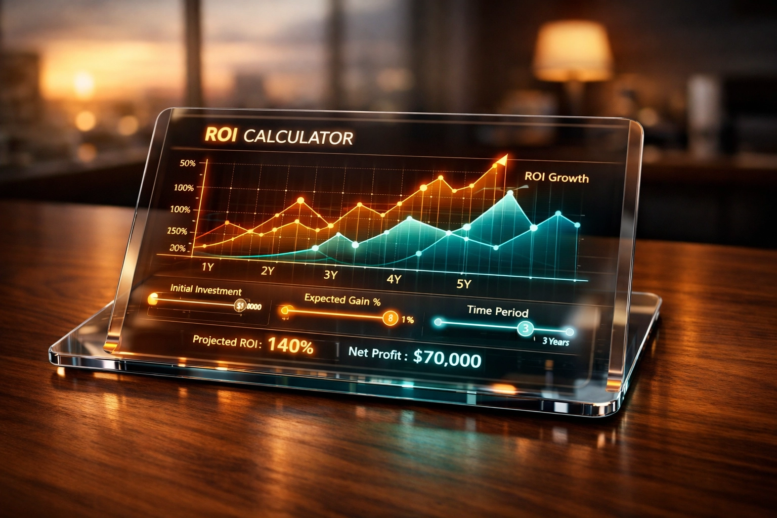 Interactive ROI calculator interface on a tablet showing data graphs to increase website dwell time.