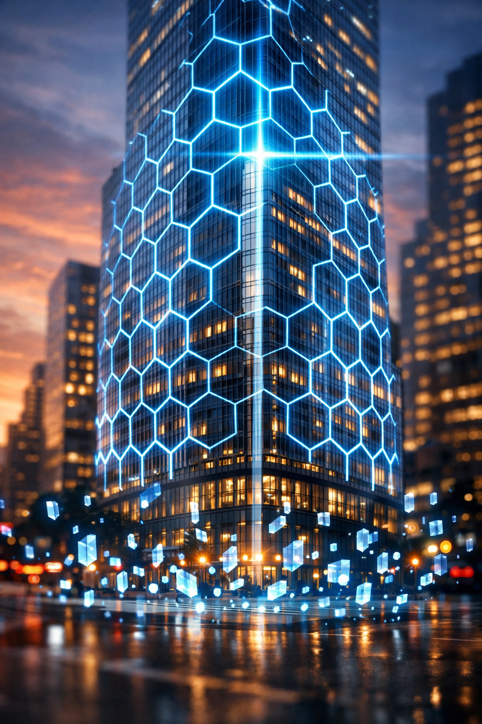 Digital blockchain grid mapping a skyscraper representing tokenized real estate and fractional property shares.