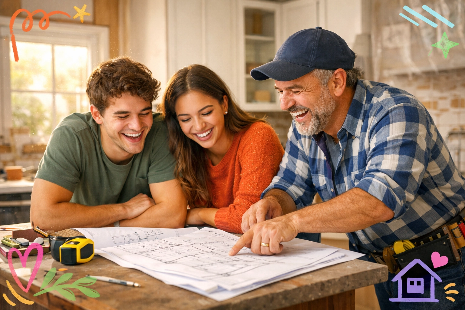 Gen Z homeowners reviewing renovation plans with a local contractor in a bright Georgia kitchen. Gen Z homeowners reviewing renovation plans with a local contractor in a bright Georgia kitchen.
