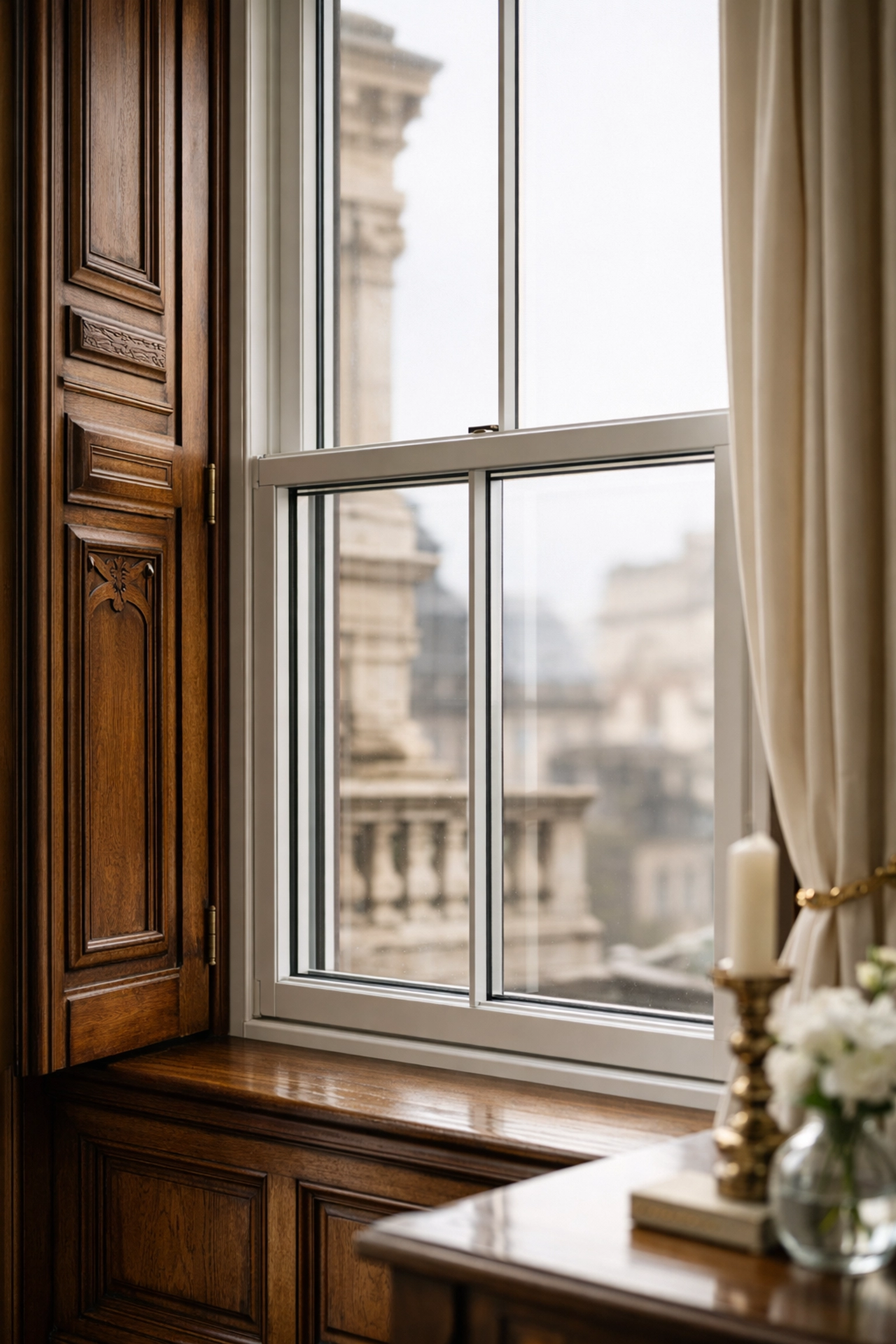 Internal view of slim secondary glazing frames on a Grade II listed property sash window.