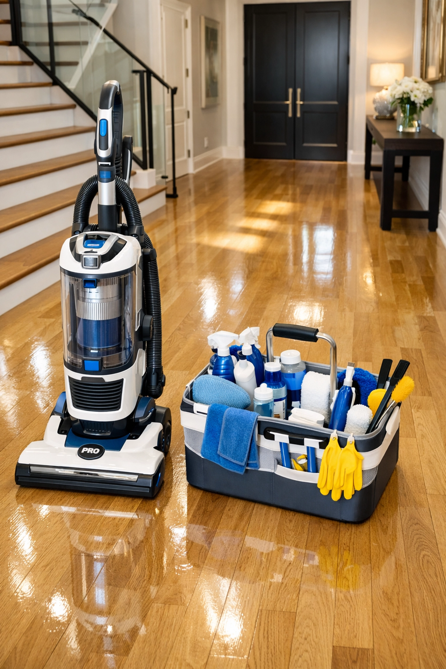 Professional residential cleaning Massachusetts equipment and HEPA vacuum in a modern luxury foyer in Dover.