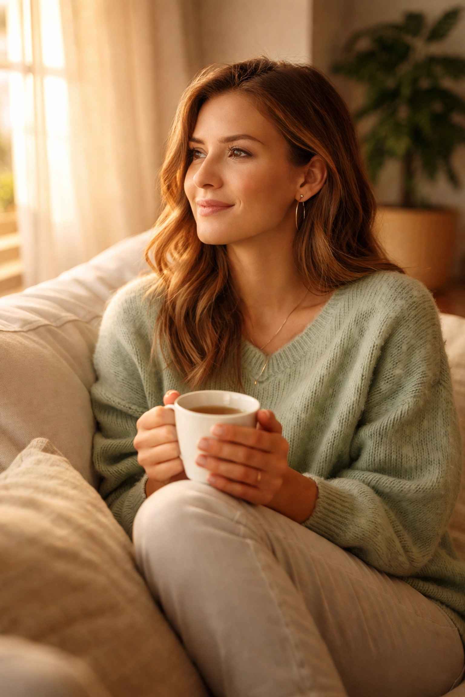 Confident woman considering Washington surrogate requirements while relaxing on her sofa
